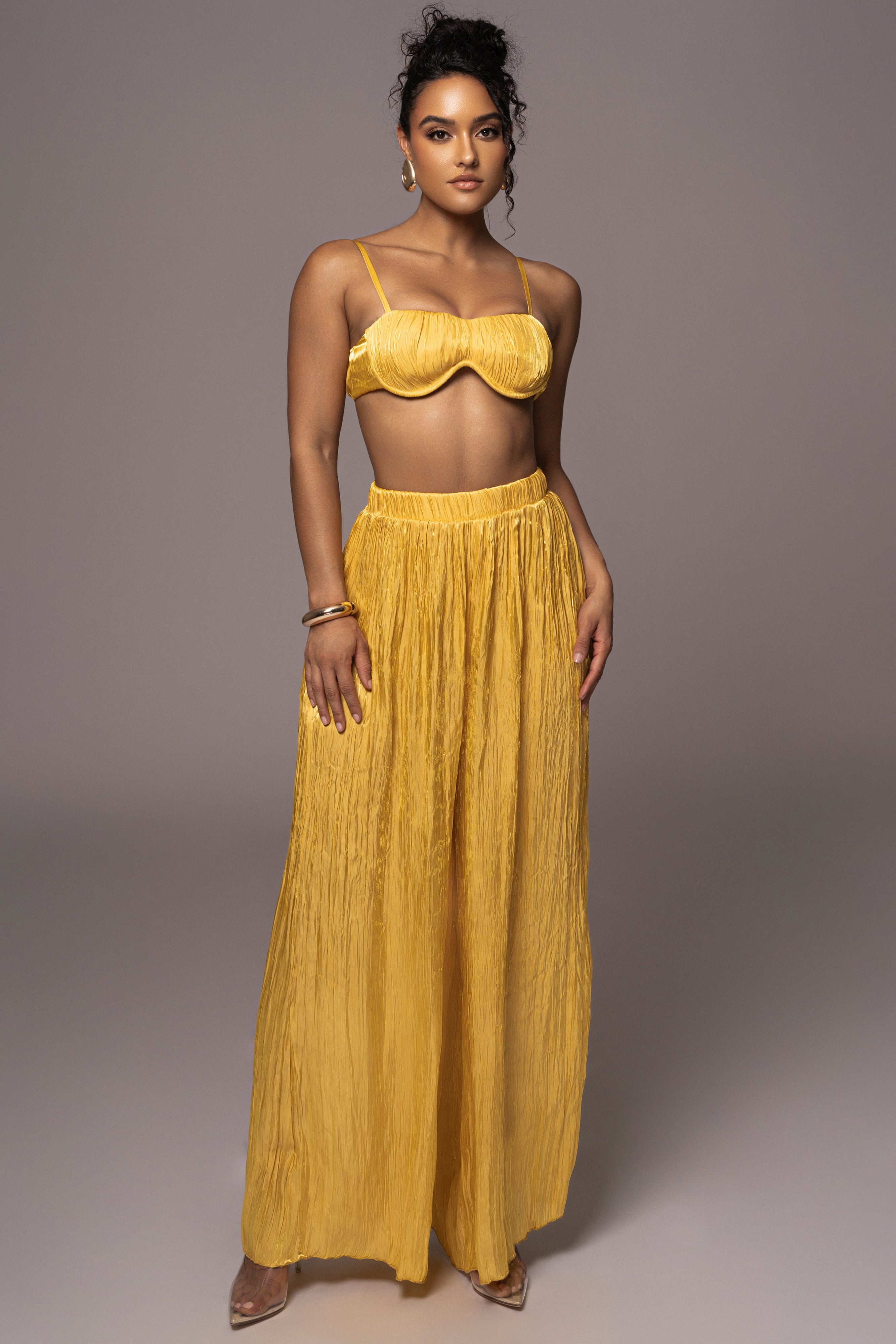 Yellow Let's Get Away Satin Pant Set - JLUXLABEL
