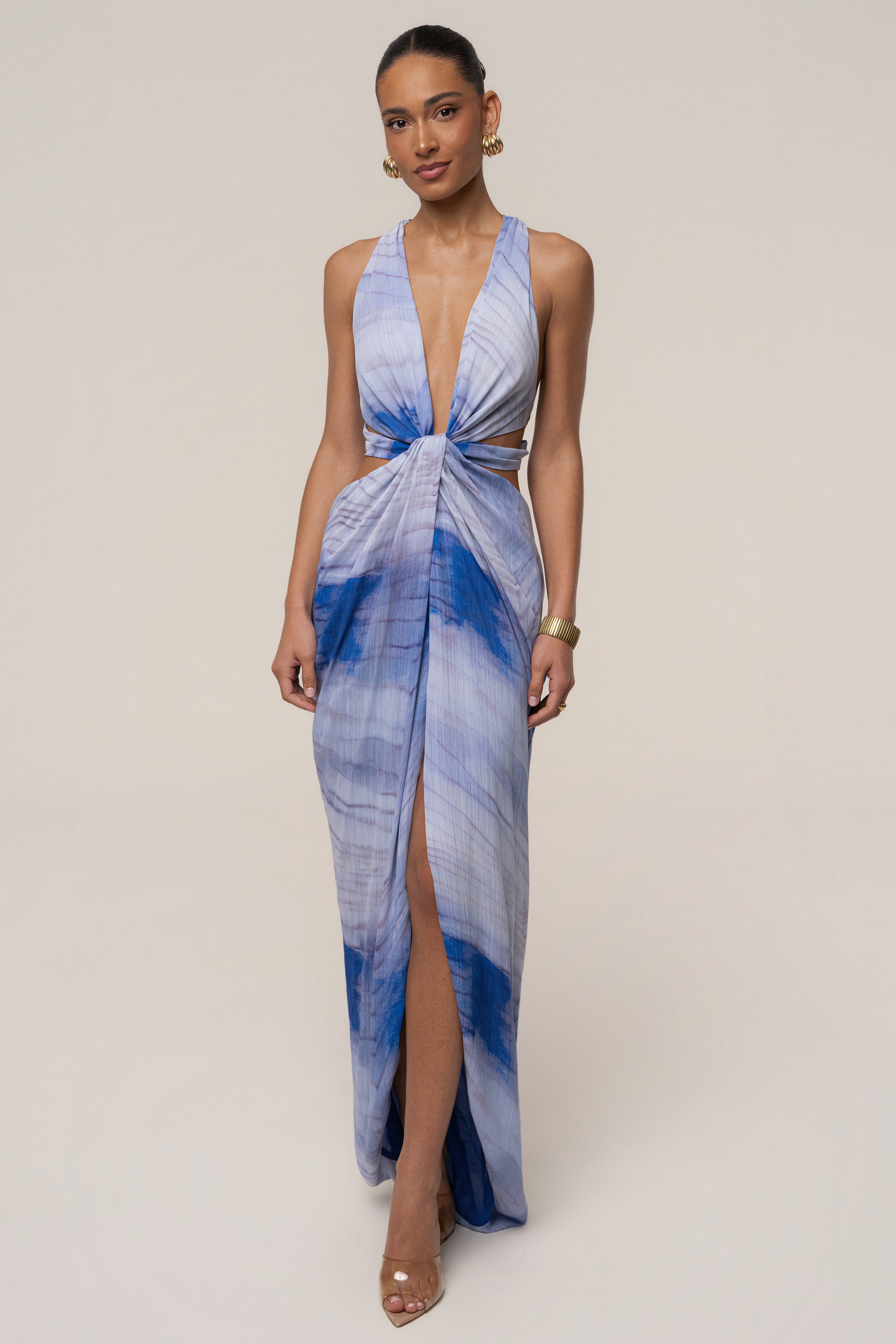 Blue Coastline Maxi Dress by JLUXLABEL, flowing fabric with adjustable straps and a vibrant coastal-inspired design.