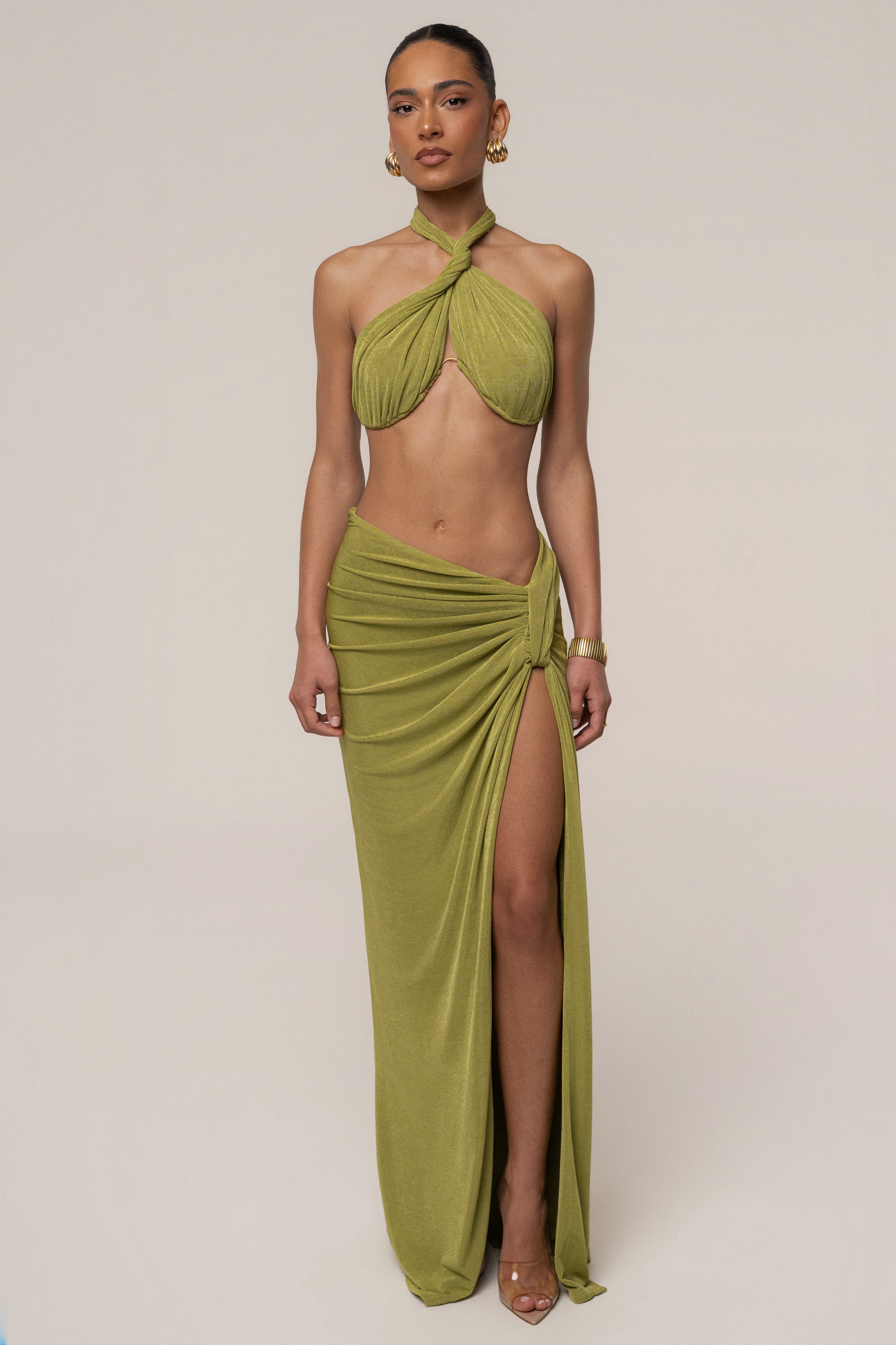 Lime City After Dark skirt set by JLUXLABEL featuring a stylish matching top and skirt in vibrant lime color.