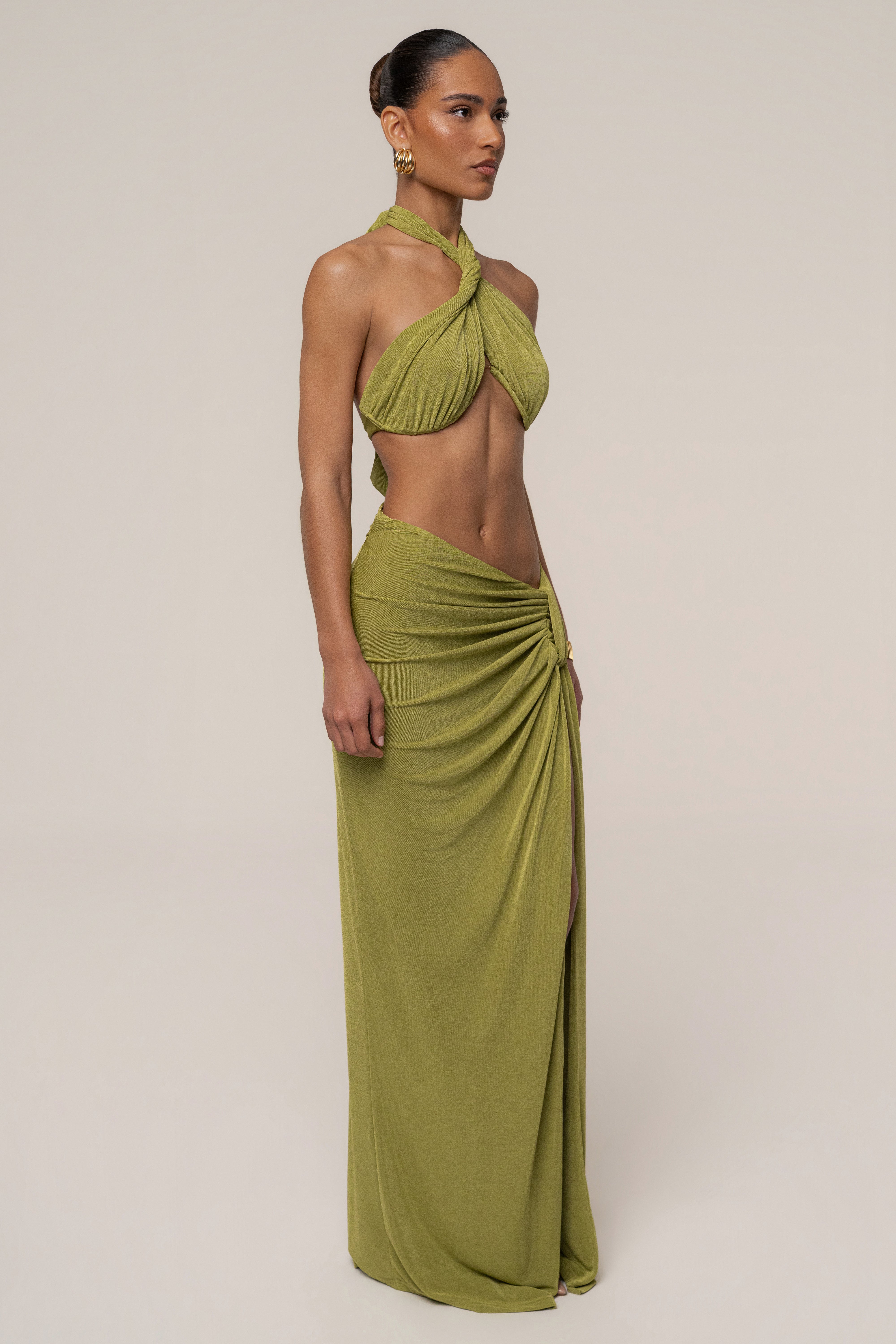 Lime City After Dark skirt set by JLUXLABEL featuring a stylish matching top and skirt in vibrant lime color.