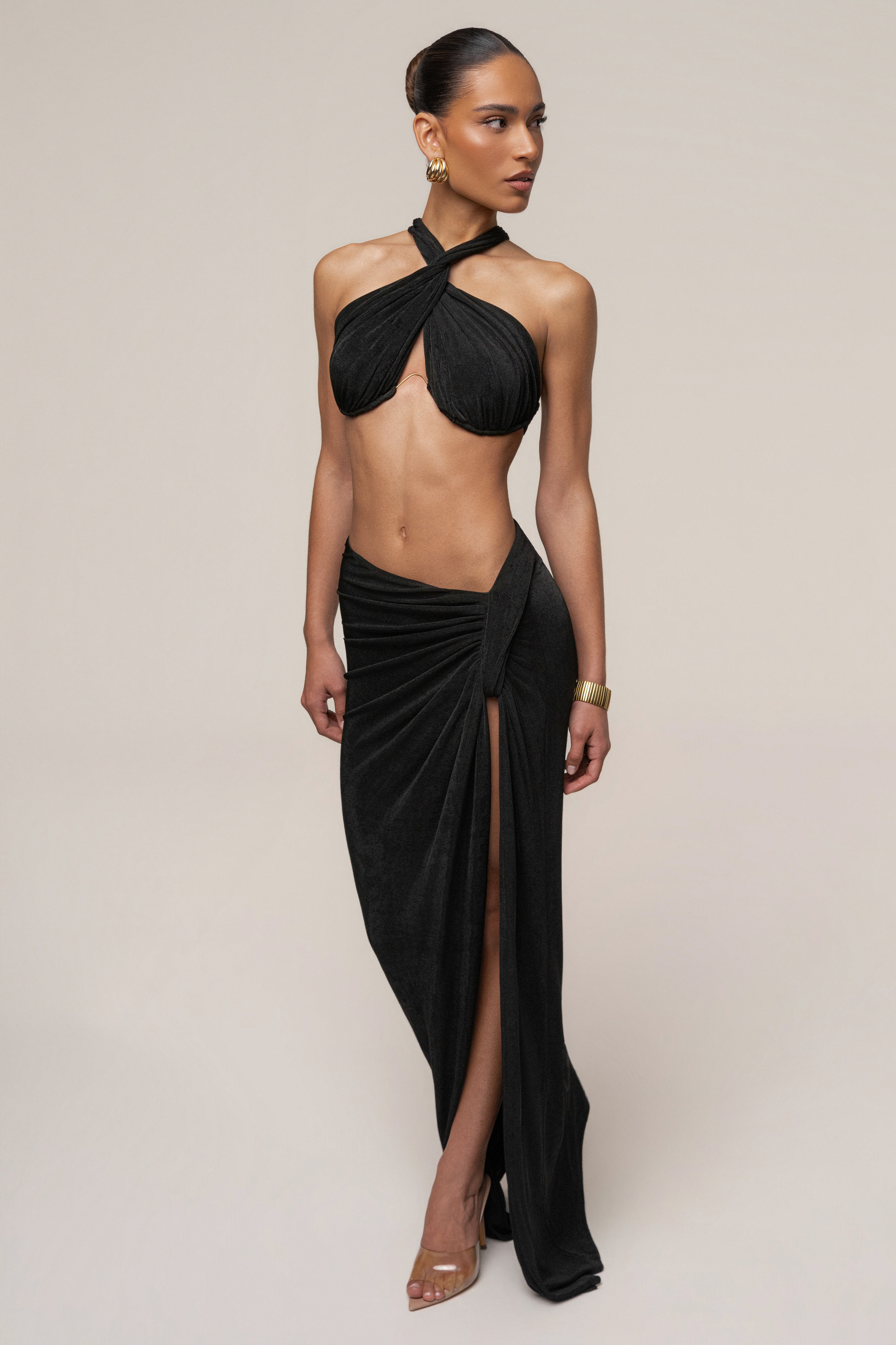 Black City After Dark skirt set by JLUXLABEL featuring a stylish matching top and skirt ensemble.