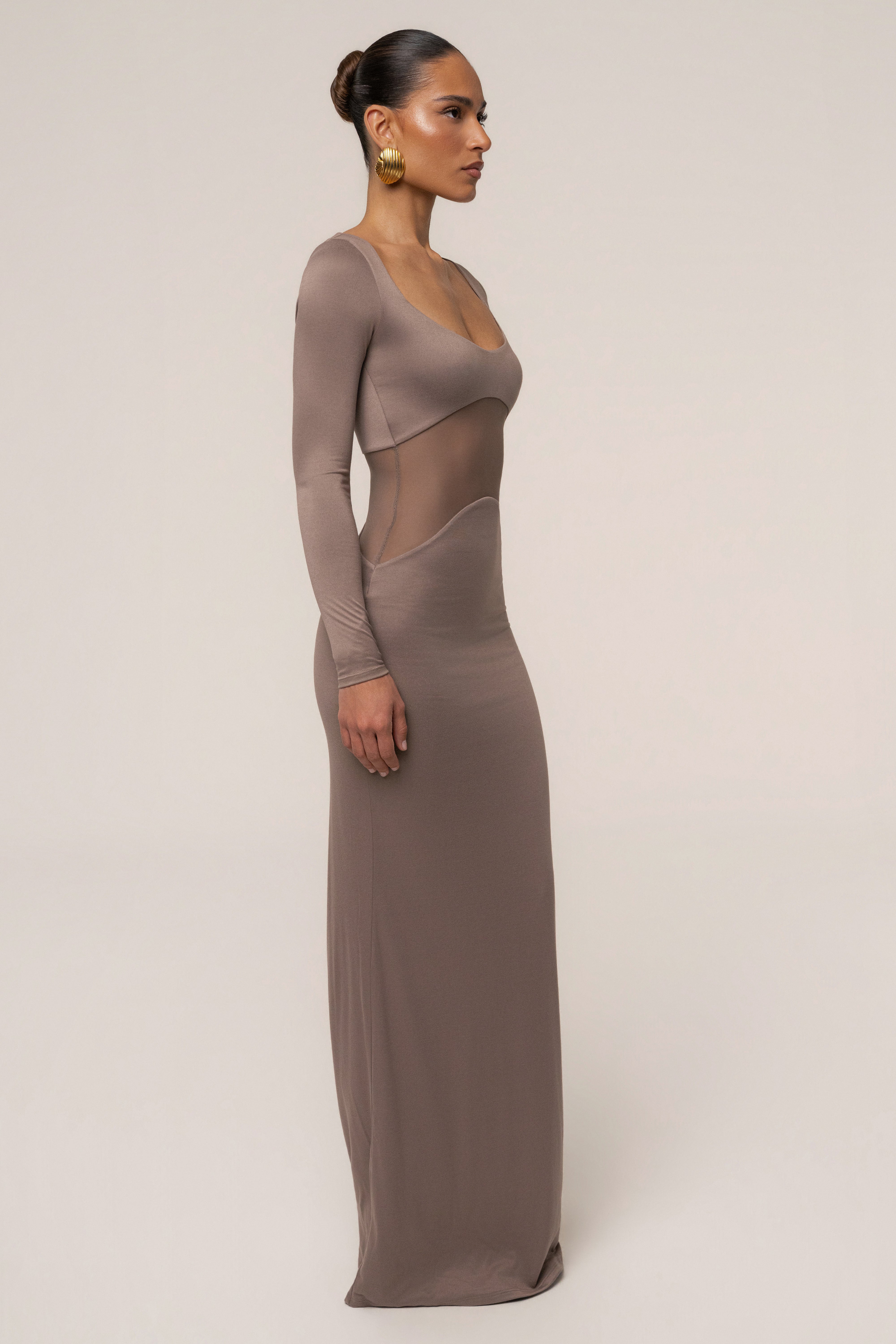 JLUXLABEL Mocha Glitz Hour Maxi Dress, elegant evening dress with shimmering fabric and flowing silhouette.