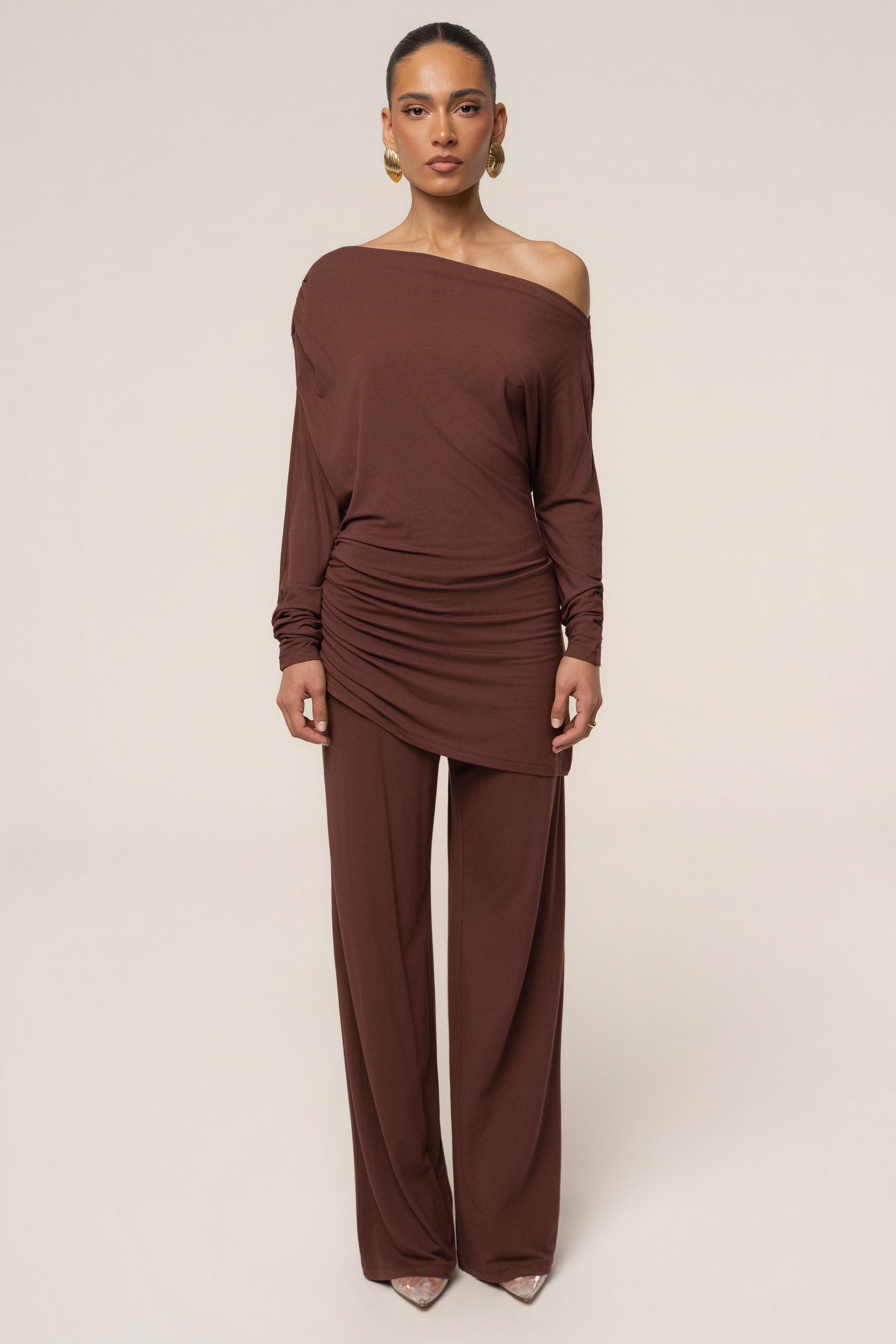 Brown JLUXLABEL winter soirée pant set with a tailored top and matching wide-leg pants, perfect for stylish cold-weather wear.