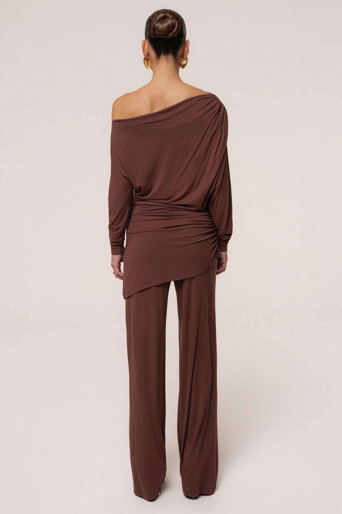 Brown JLUXLABEL winter pant set with stylish top and matching wide-leg pants, perfect for cozy winter occasions.