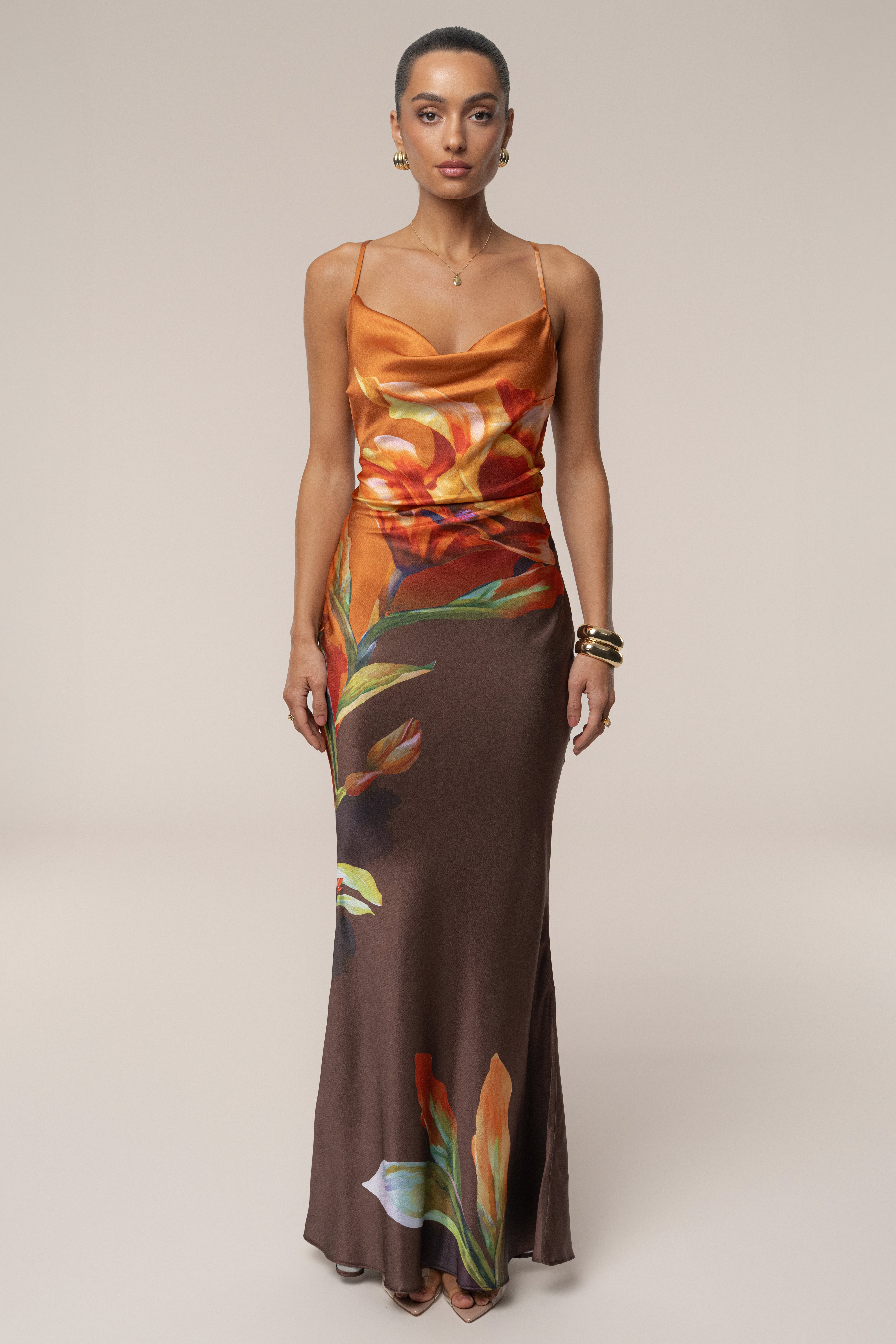 Brown Satin Floral Print Maxi Dress - JLUXLABEL