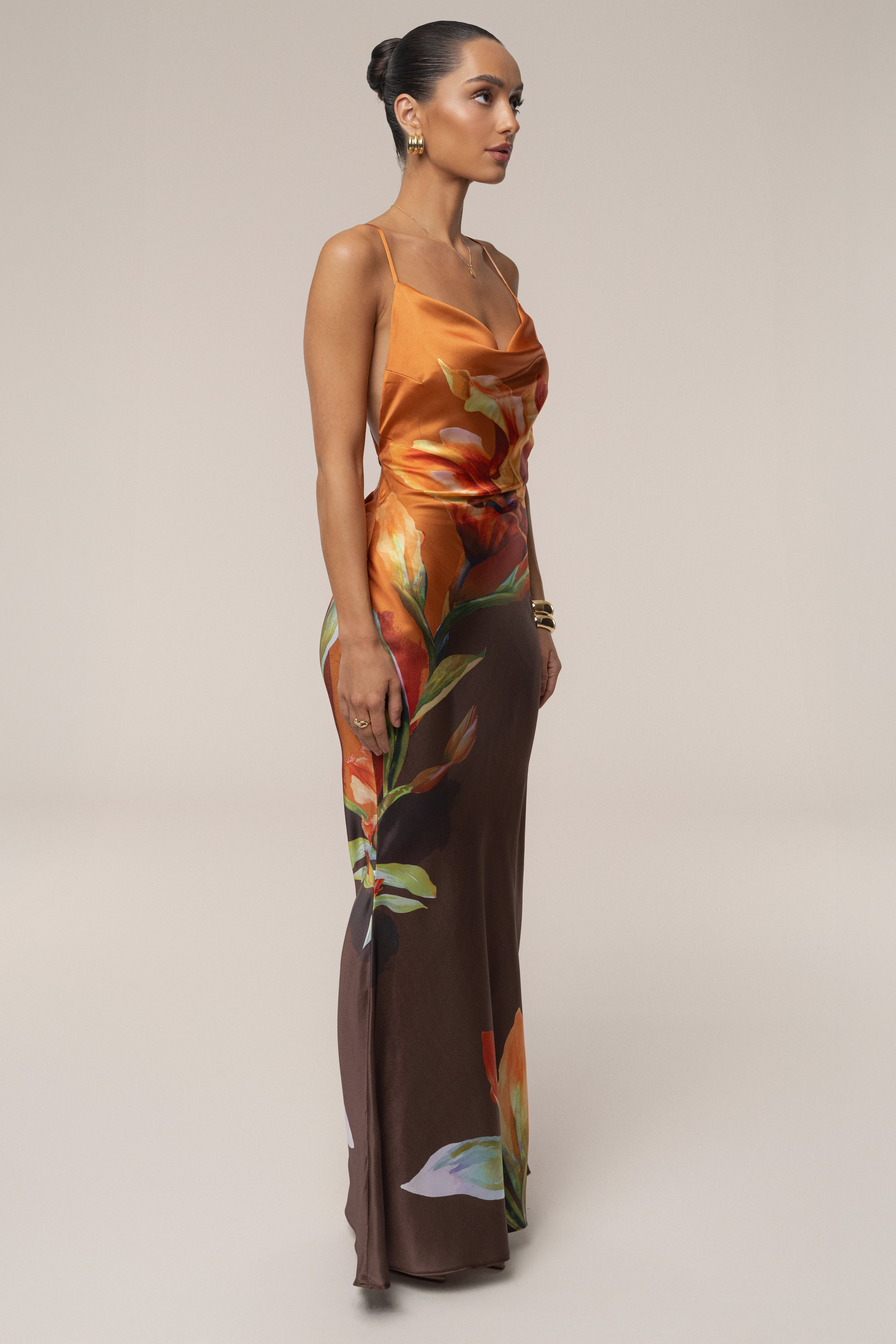 Brown Satin Floral Print Maxi Dress - JLUXLABEL