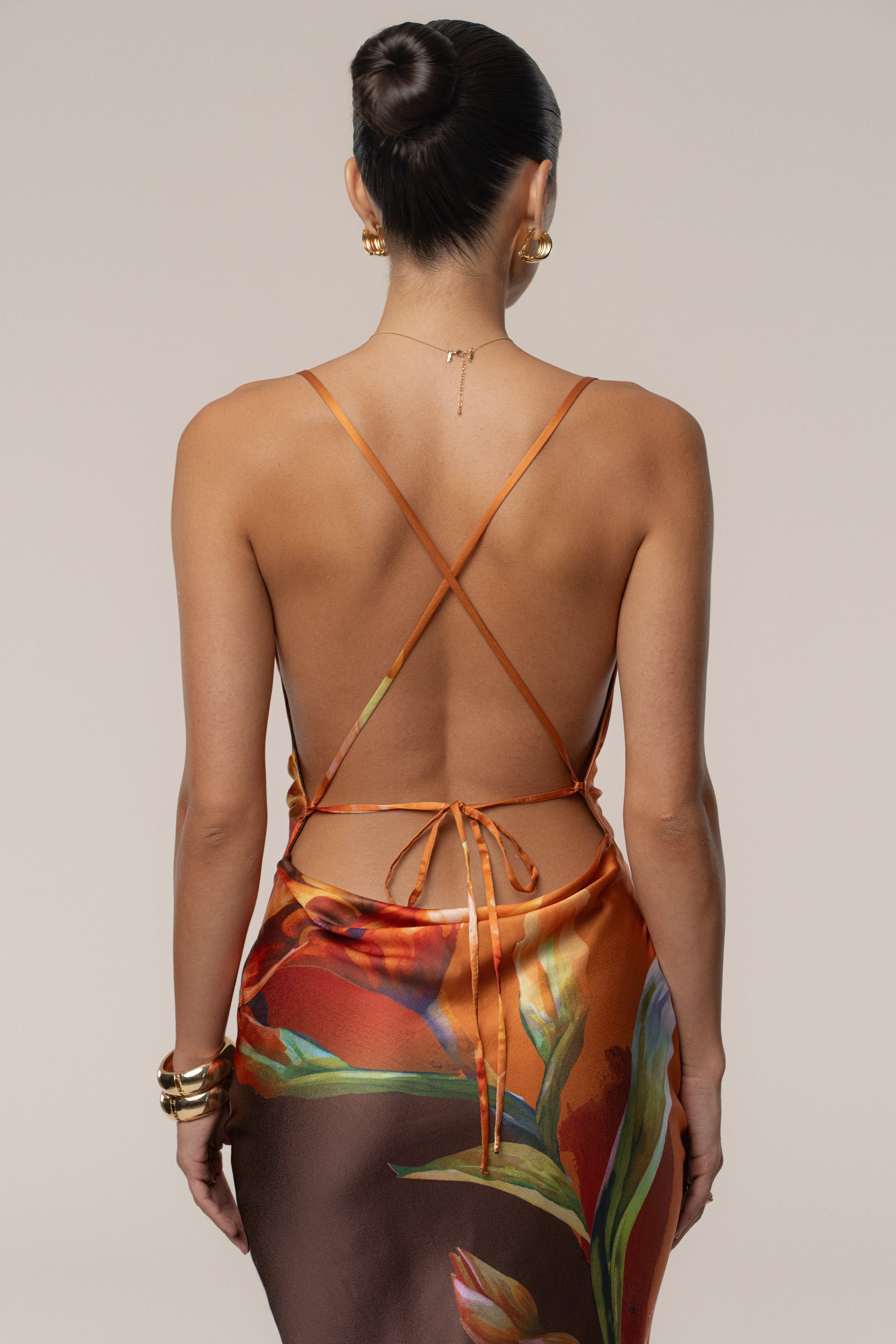 Brown Satin Floral Print Maxi Dress - JLUXLABEL