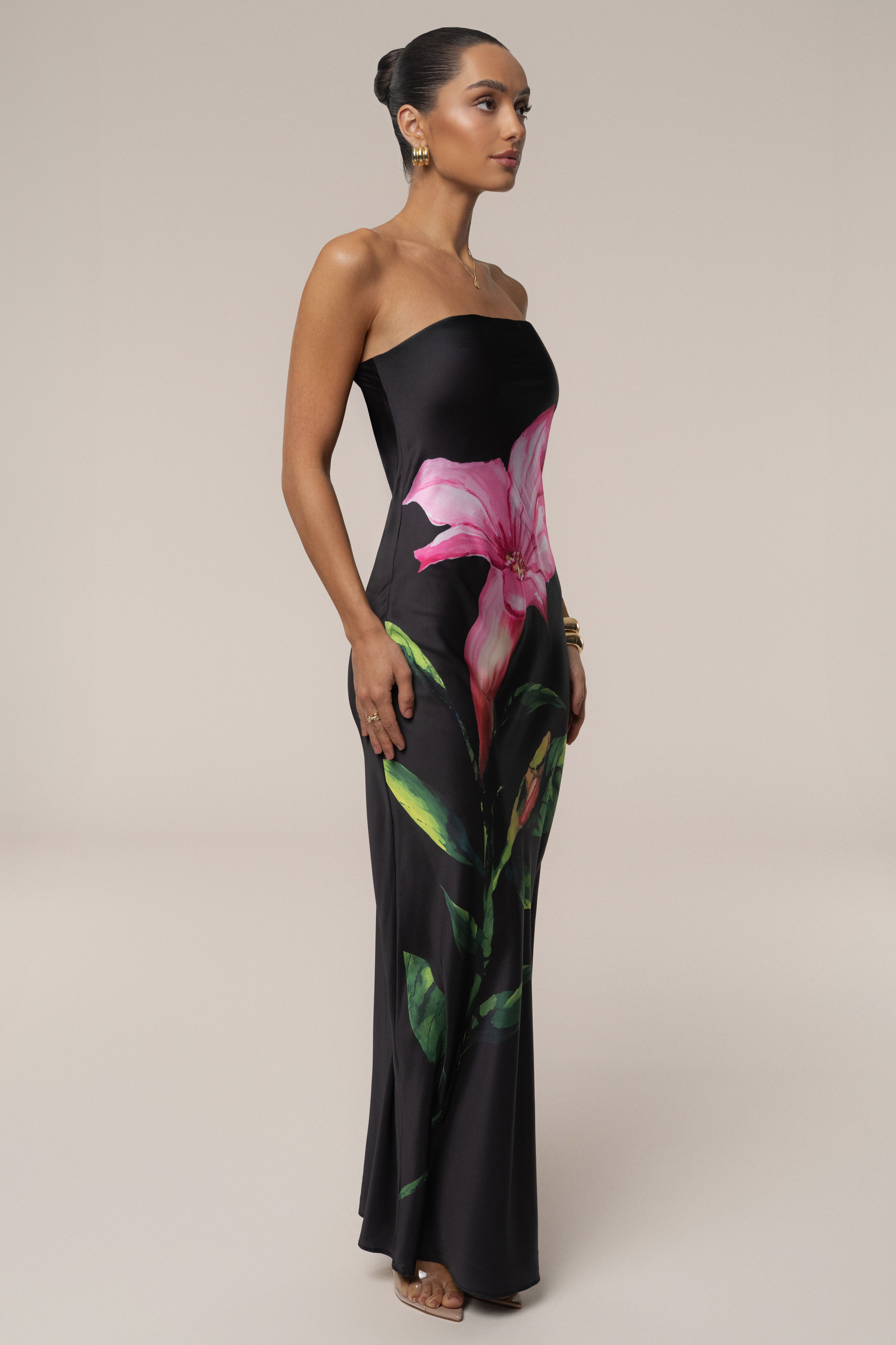 Black Blossom Satin Maxi Dress - JLUXLABEL