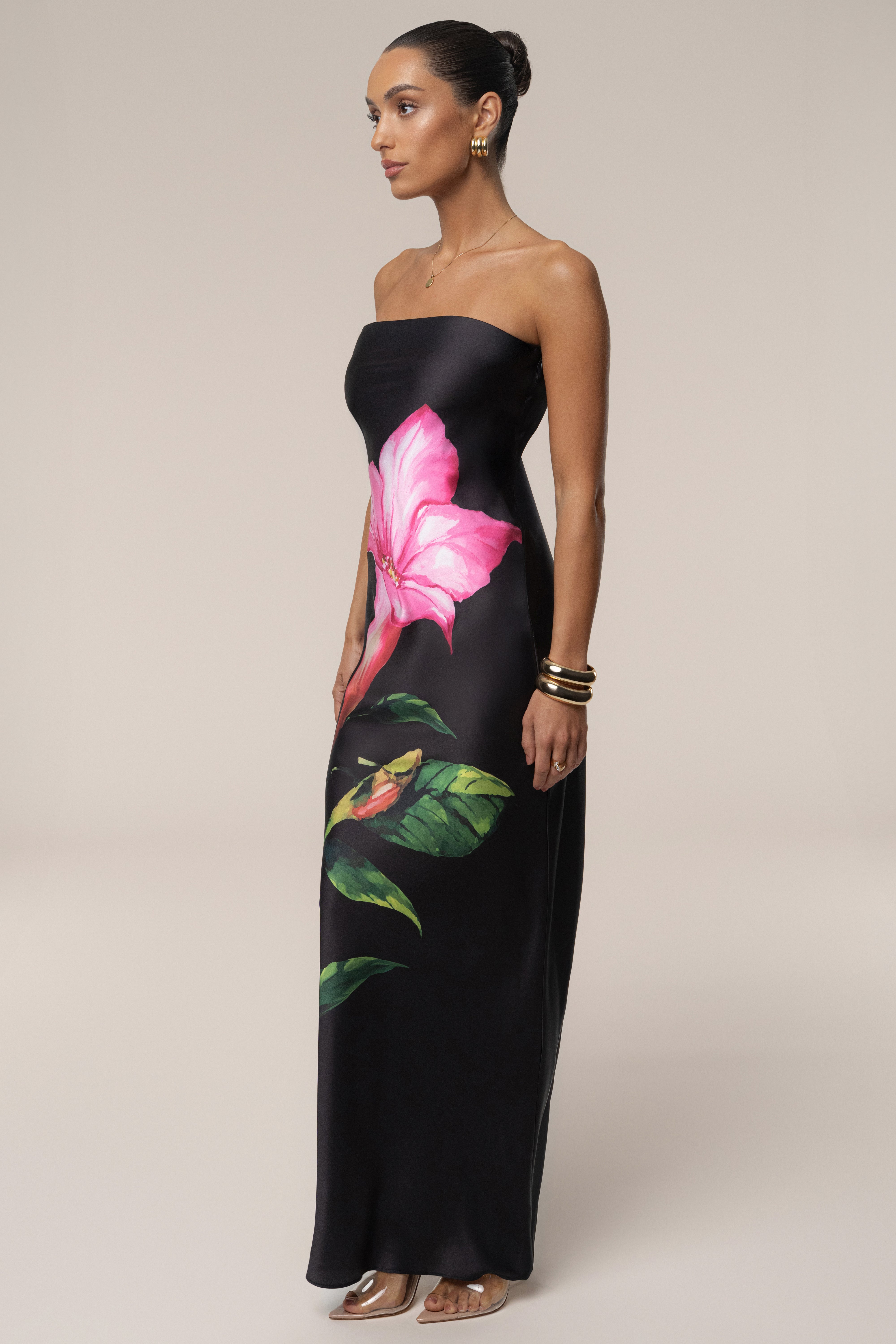 Black Blossom Satin Maxi Dress - JLUXLABEL