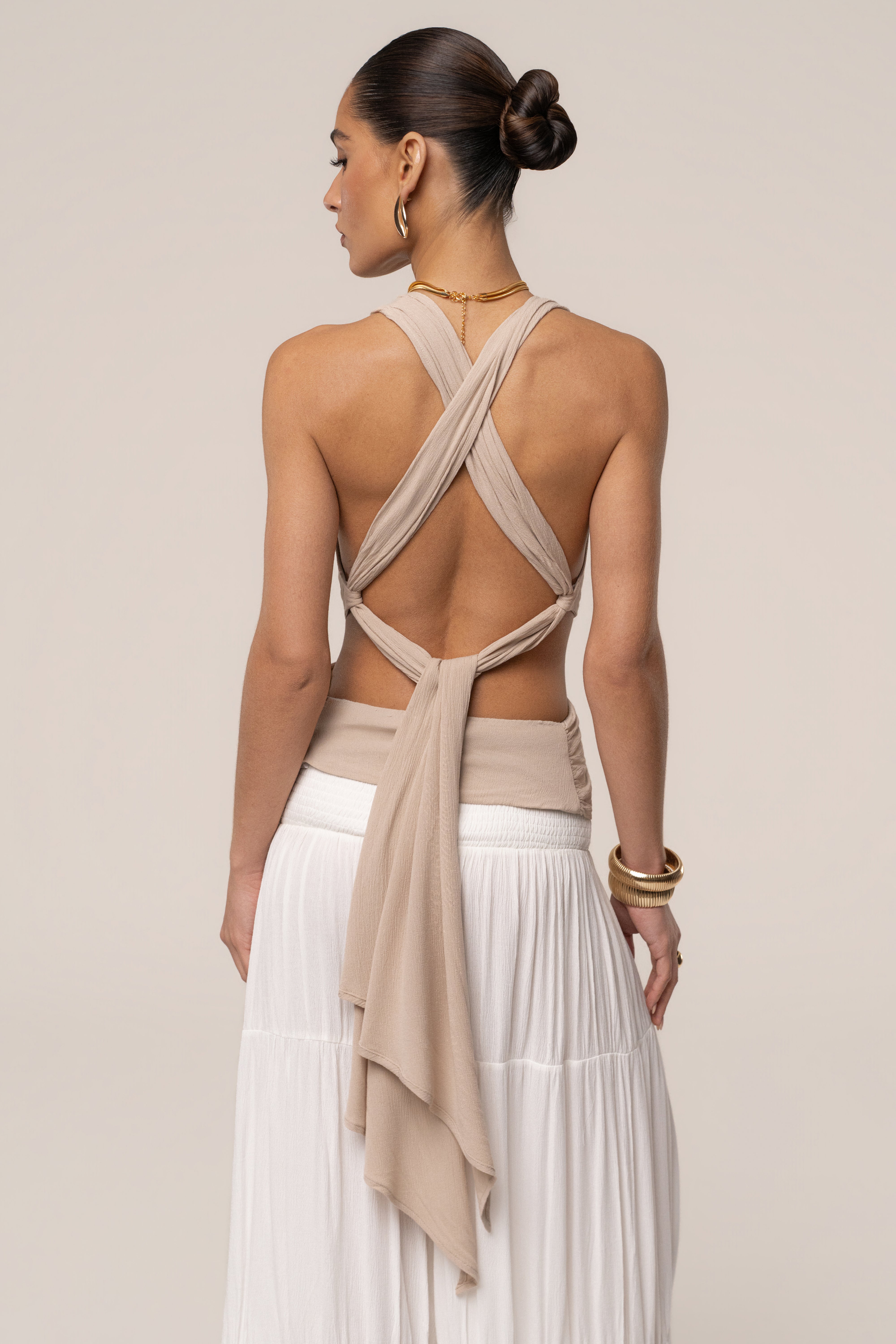 Beige Tulum Drape Top from JLUXLABEL, stylish women's top with draped fabric and relaxed fit, perfect for casual wear.