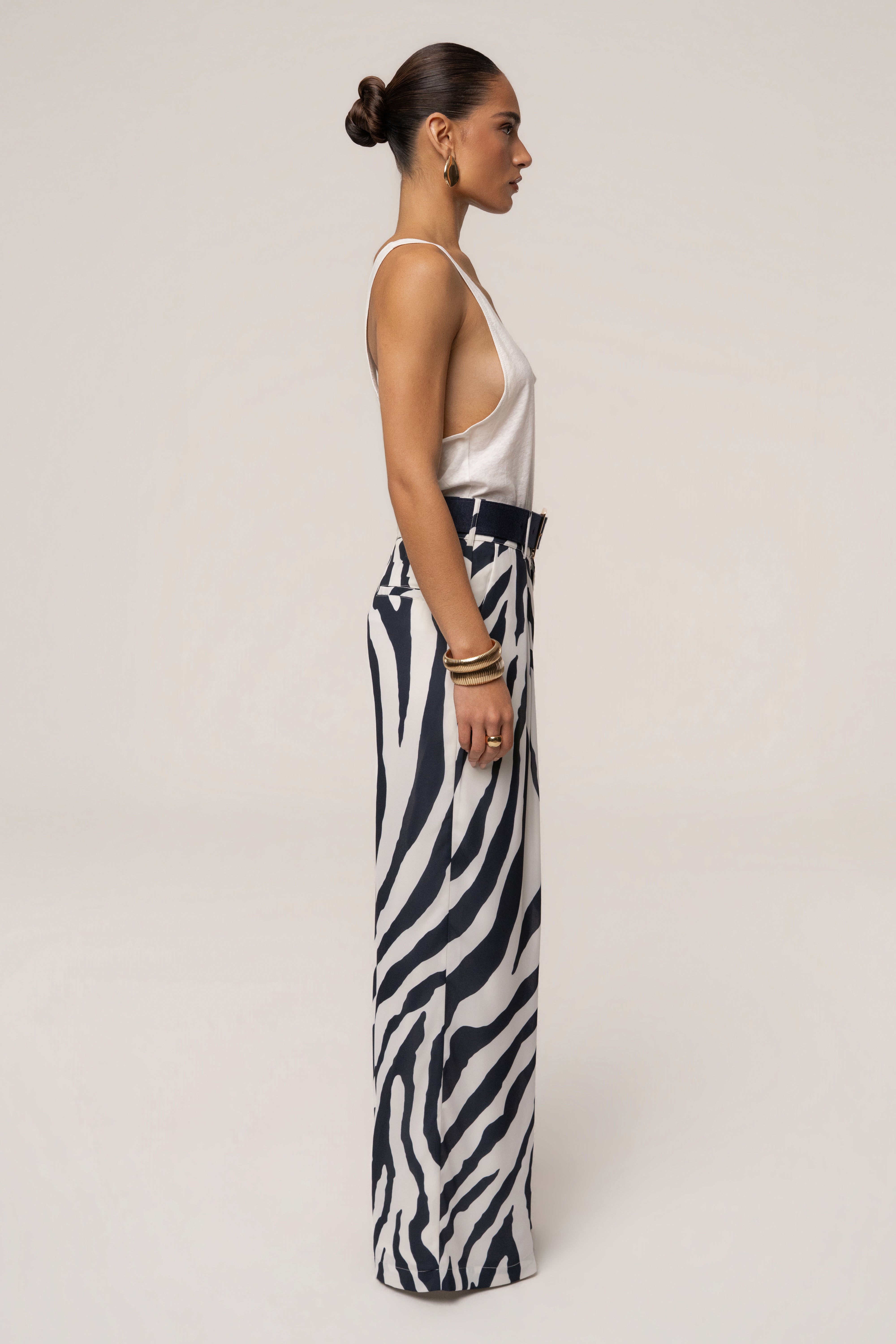 Navy zebra print soft pleated trousers from JLUXLABEL, stylish bottoms with a comfortable fit and elegant design.