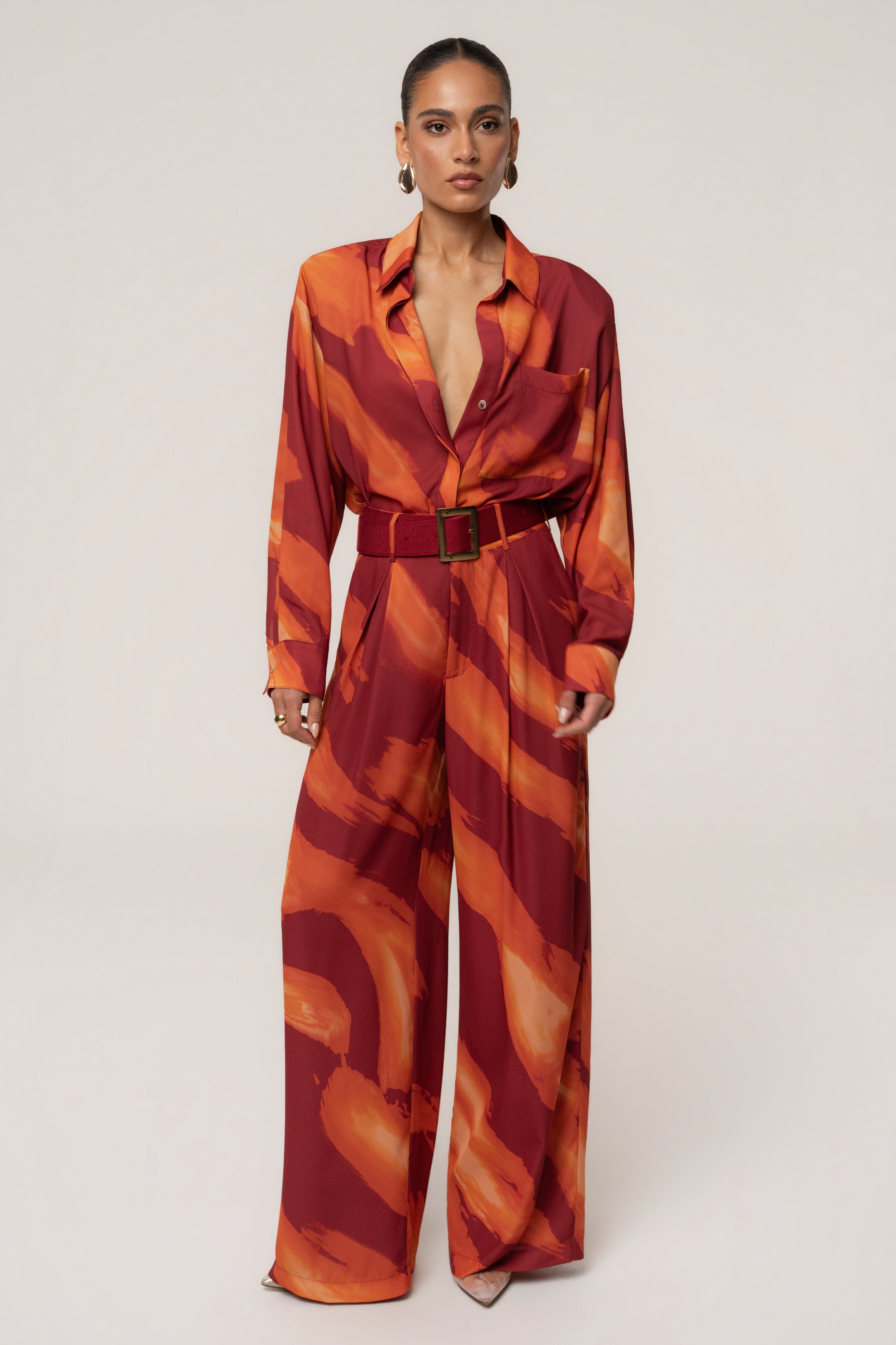 Crimson Dusk soft pleated trousers from JLUXLABEL, stylish bottoms with a relaxed fit and elegant pleats, perfect for casual or dressy wear.