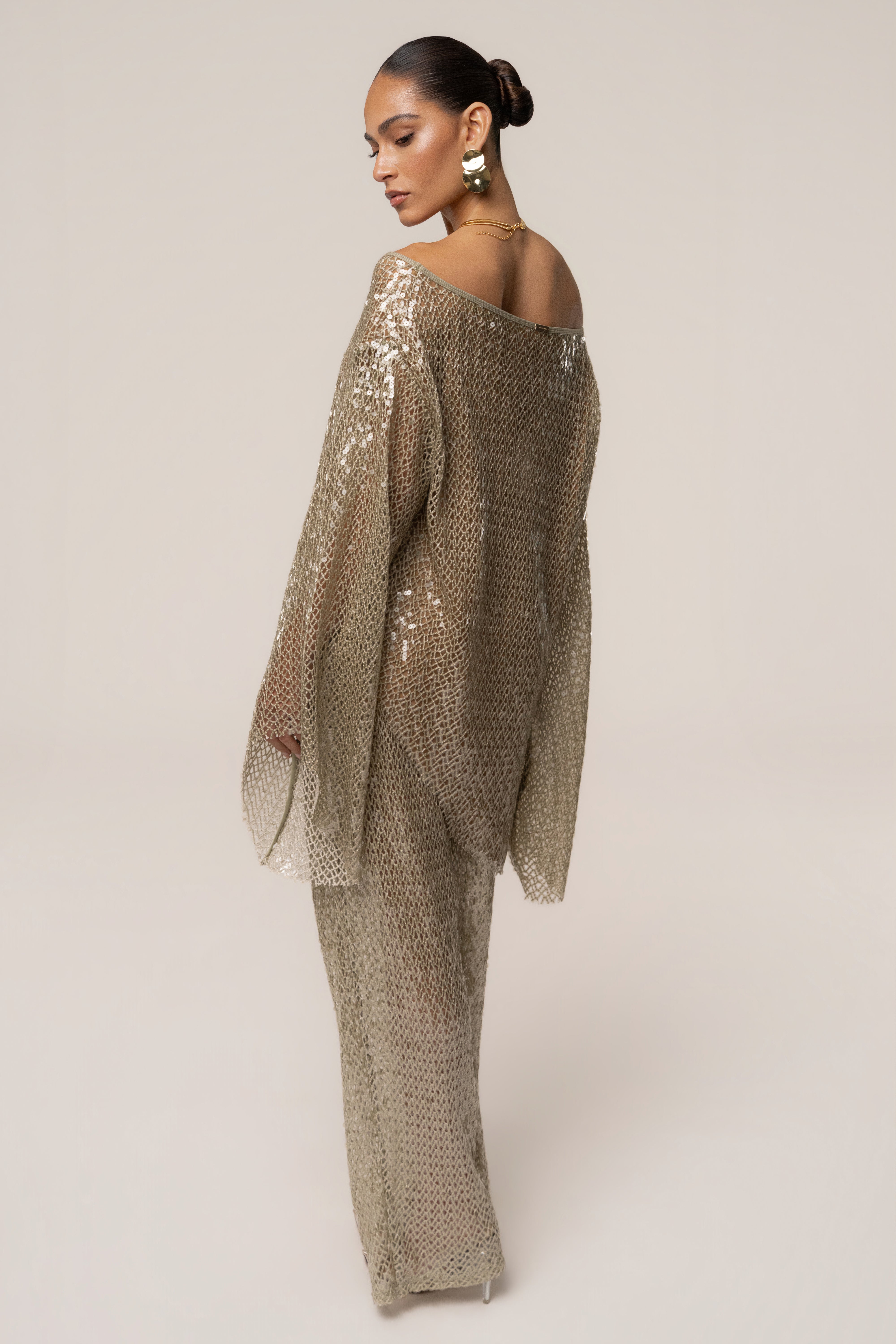 Sage Sheer Glow Sequin Top by JLUXLABEL featuring shimmering sequins and sheer fabric, stylish top for evening wear.