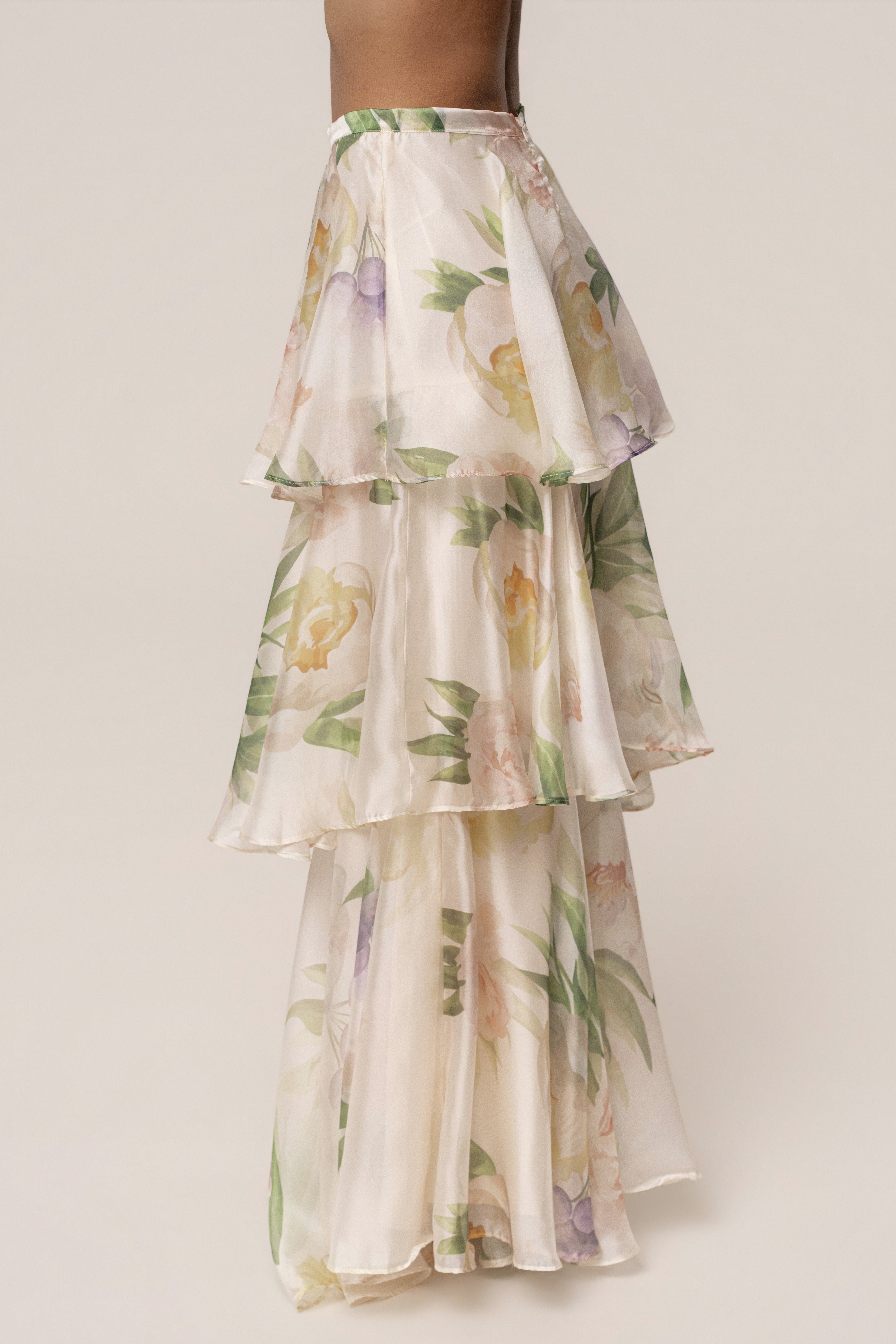 Cream Botanical Dreams skirt set by JLUXLABEL featuring a flowy skirt and matching top with botanical print.