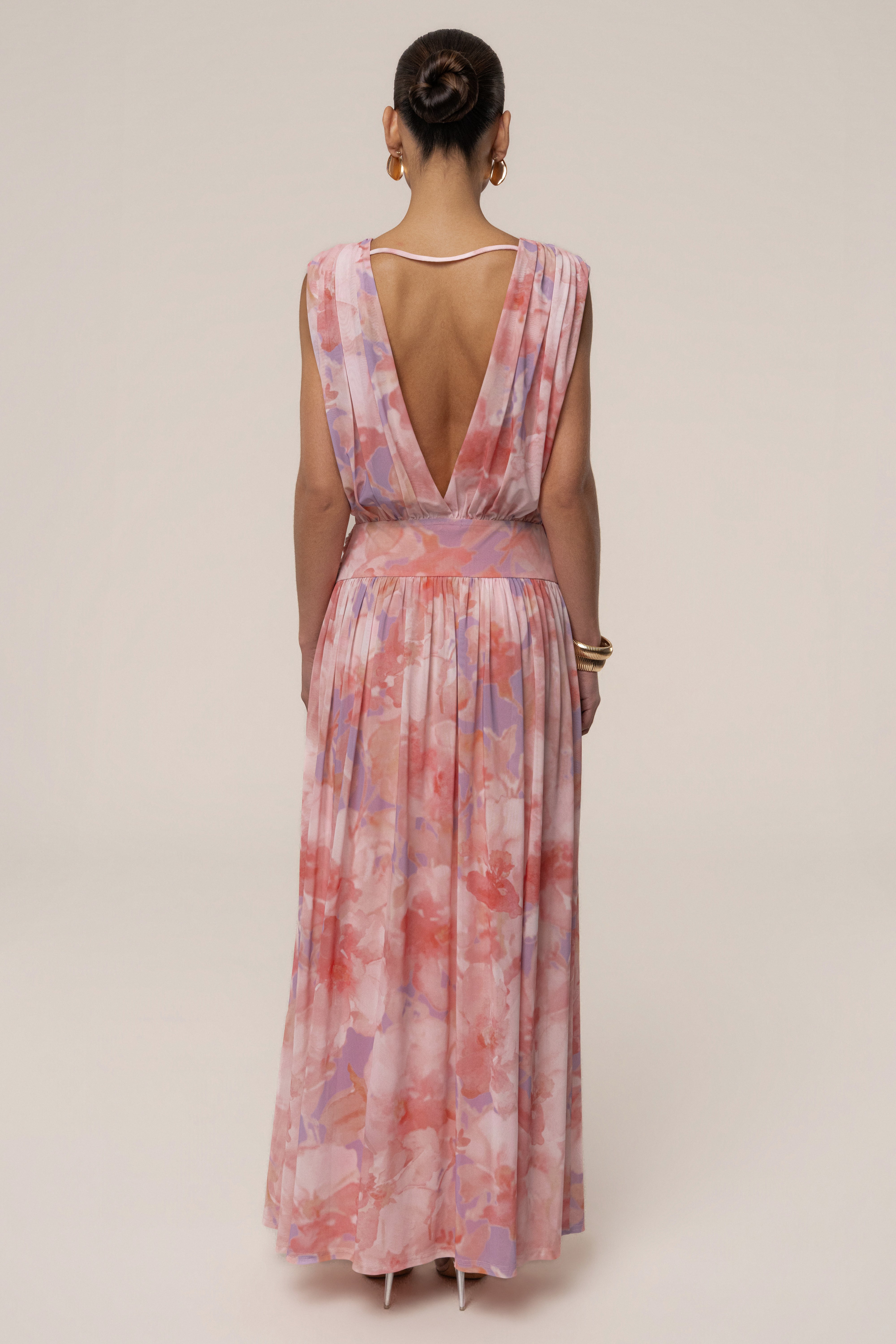 Pink Bloom Evening Flow draped maxi dress by JLUXLABEL, showcasing its elegant, flowing fabric and stylish design.