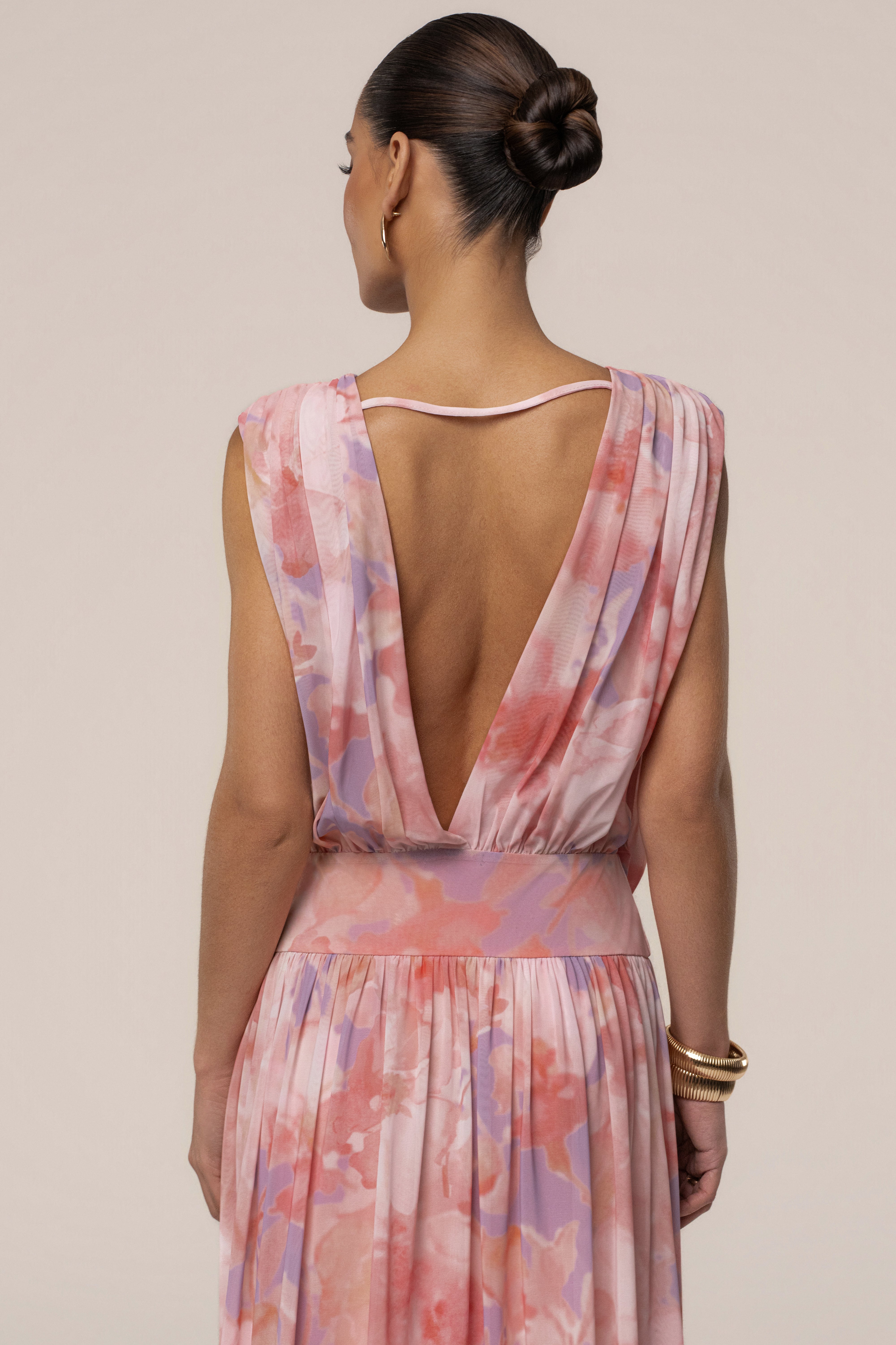 Pink Bloom evening maxi dress by JLUXLABEL with flowy draped fabric and floral details, perfect for elegant occasions.