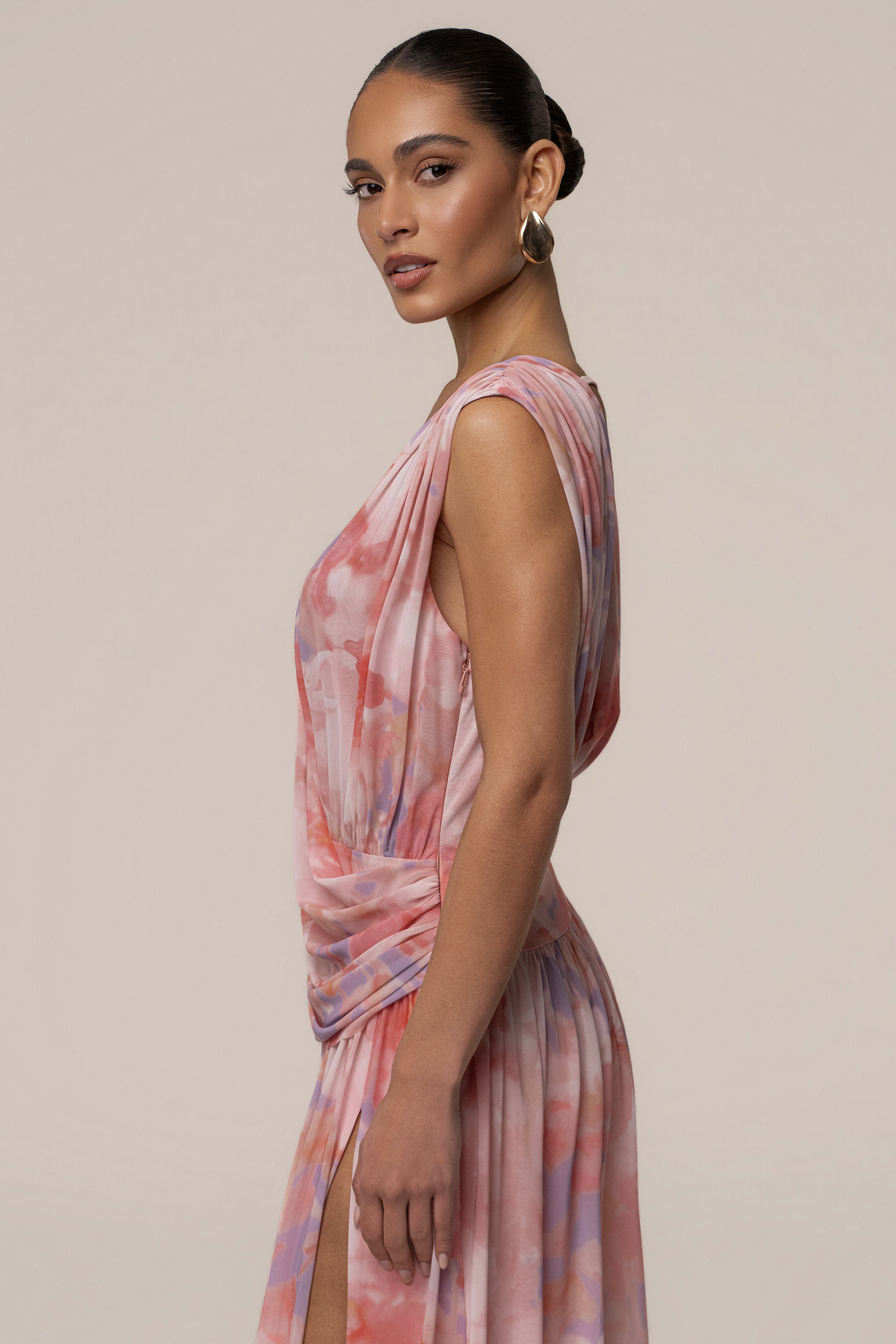 Pink Bloom Evening Flow draped maxi dress by JLUXLABEL featuring a floral print and elegant, flowing fabric for formal occasions.