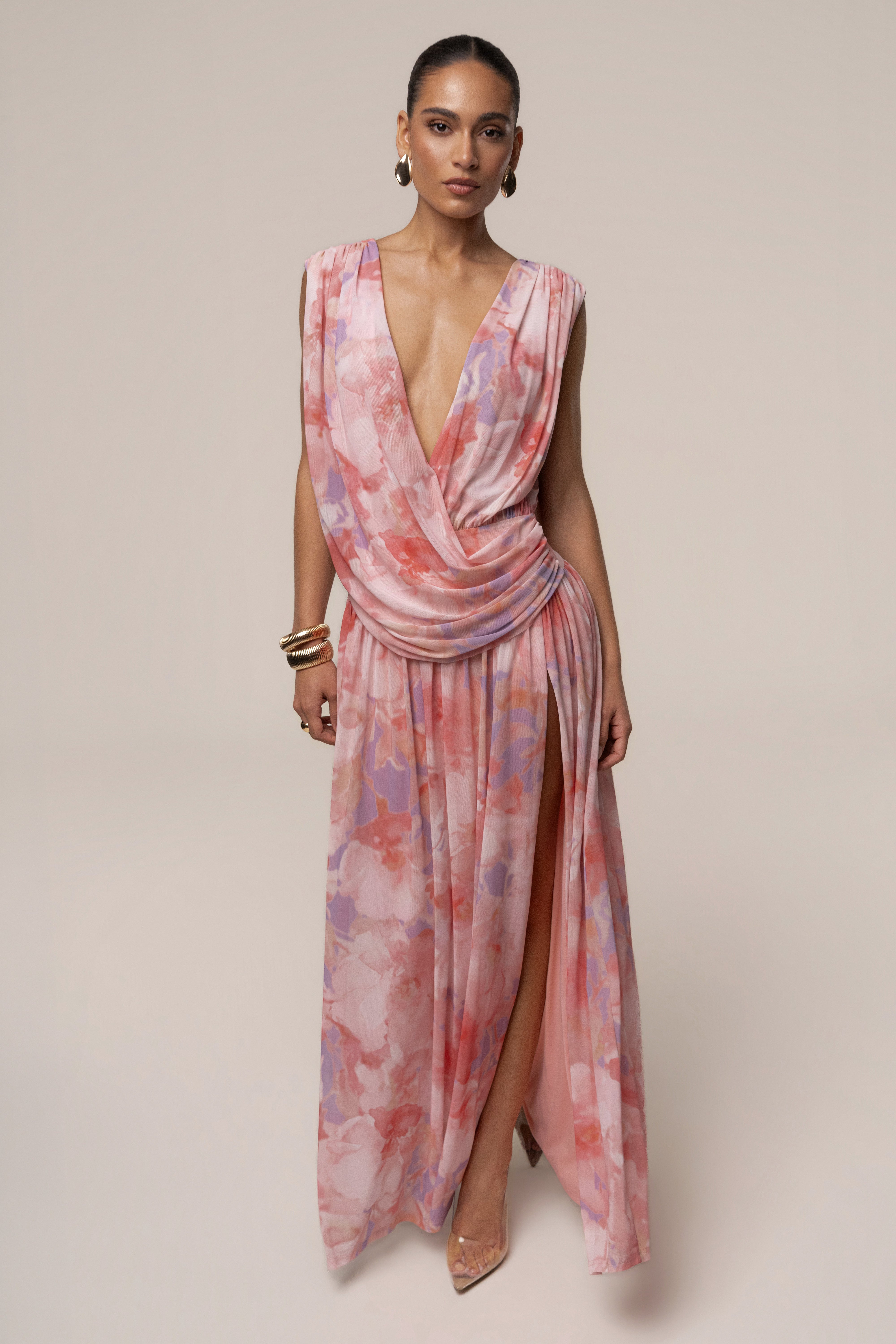 Pink Bloom evening flow draped maxi dress by JLUXLABEL, showcasing its elegant fabric and flowing design.