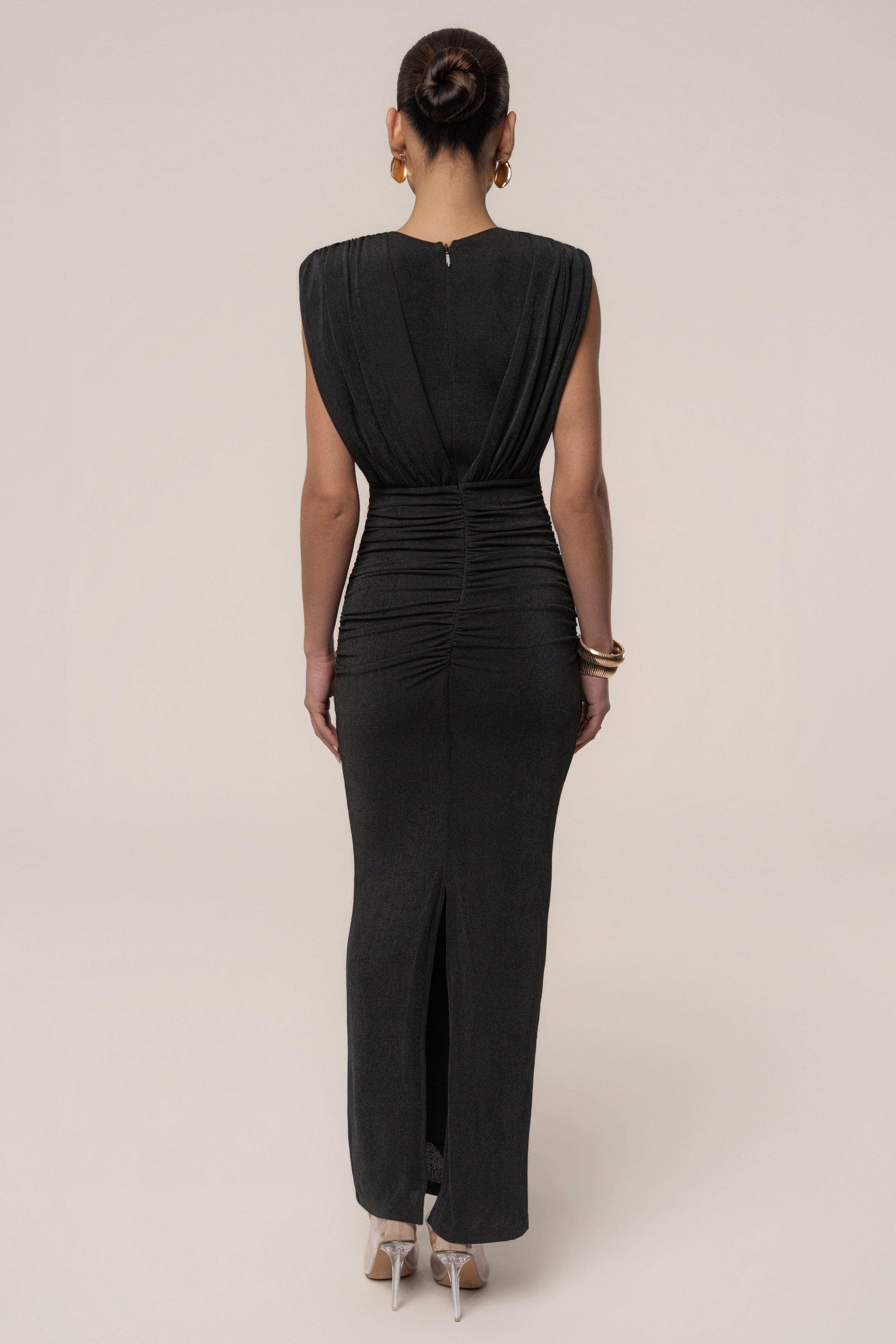 Black Palma plunge maxi dress by JLUXLABEL featuring a flowing silhouette and deep V neckline, perfect for elegant occasions.