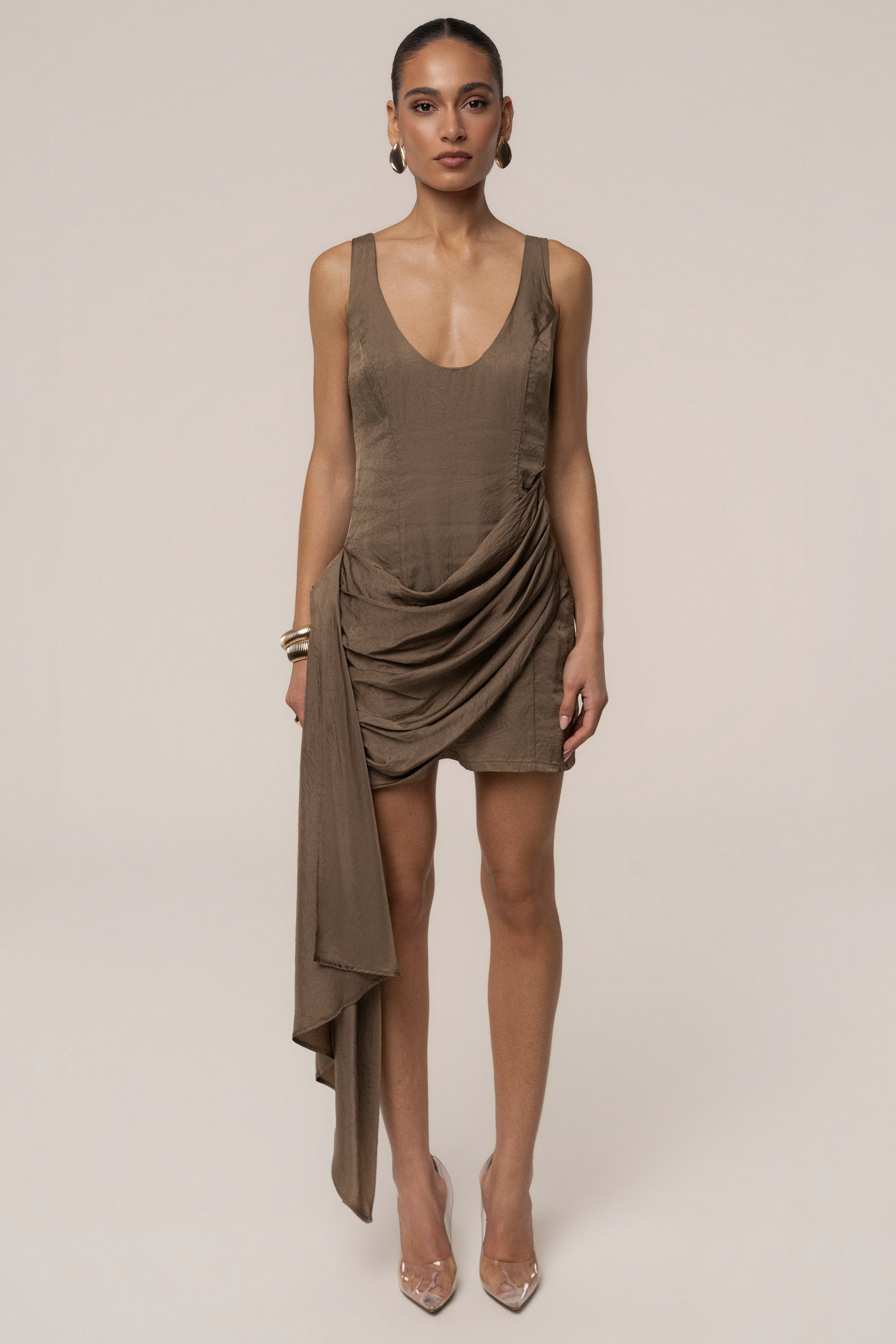 Brown and gold JLUXLABEL Passage Mini Dress featuring a stylish, fitted design with elegant details, perfect for a chic look.