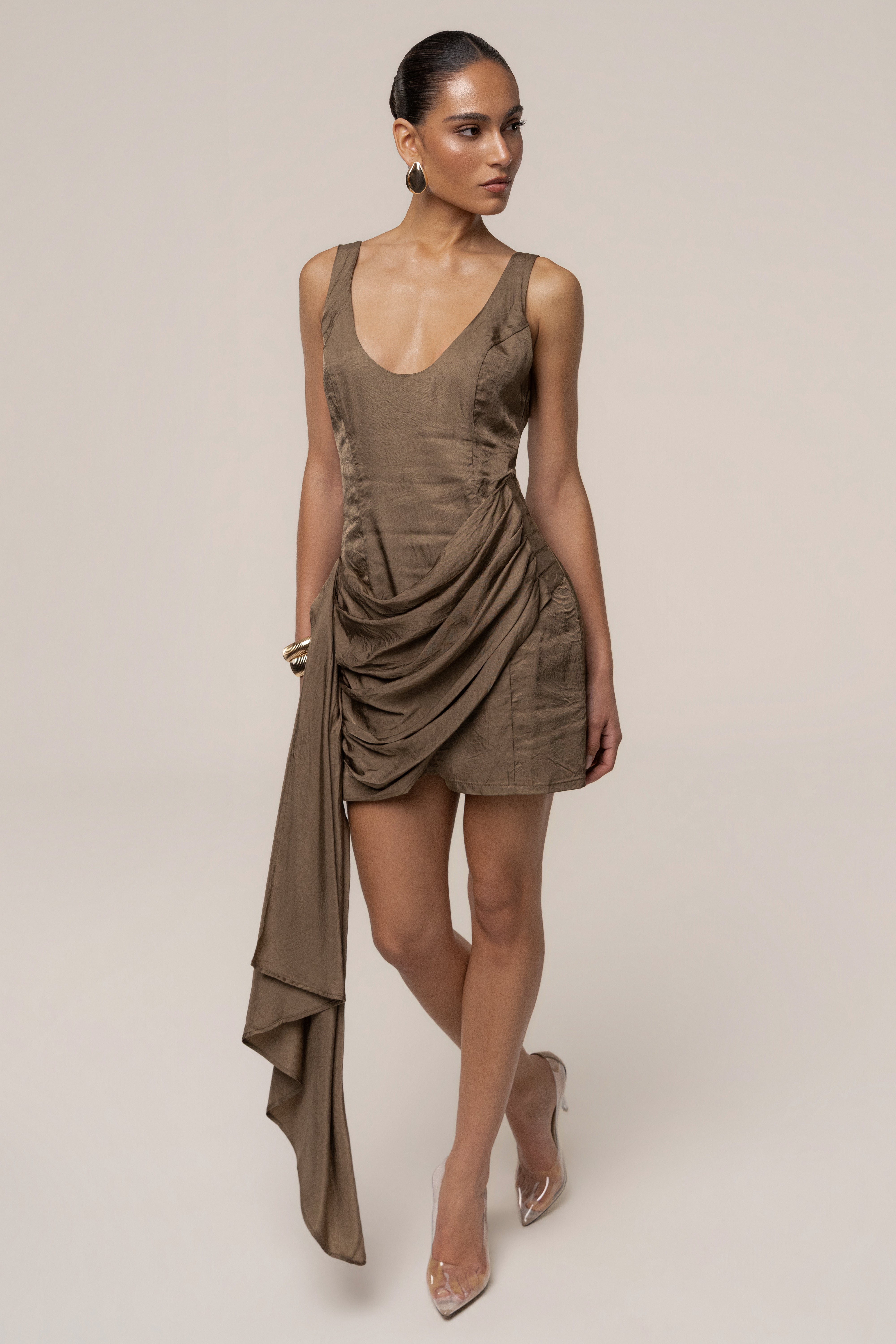 Brown and gold JLUXLABEL Passage Mini Dress showing its stylish fitted design and elegant fabric details.