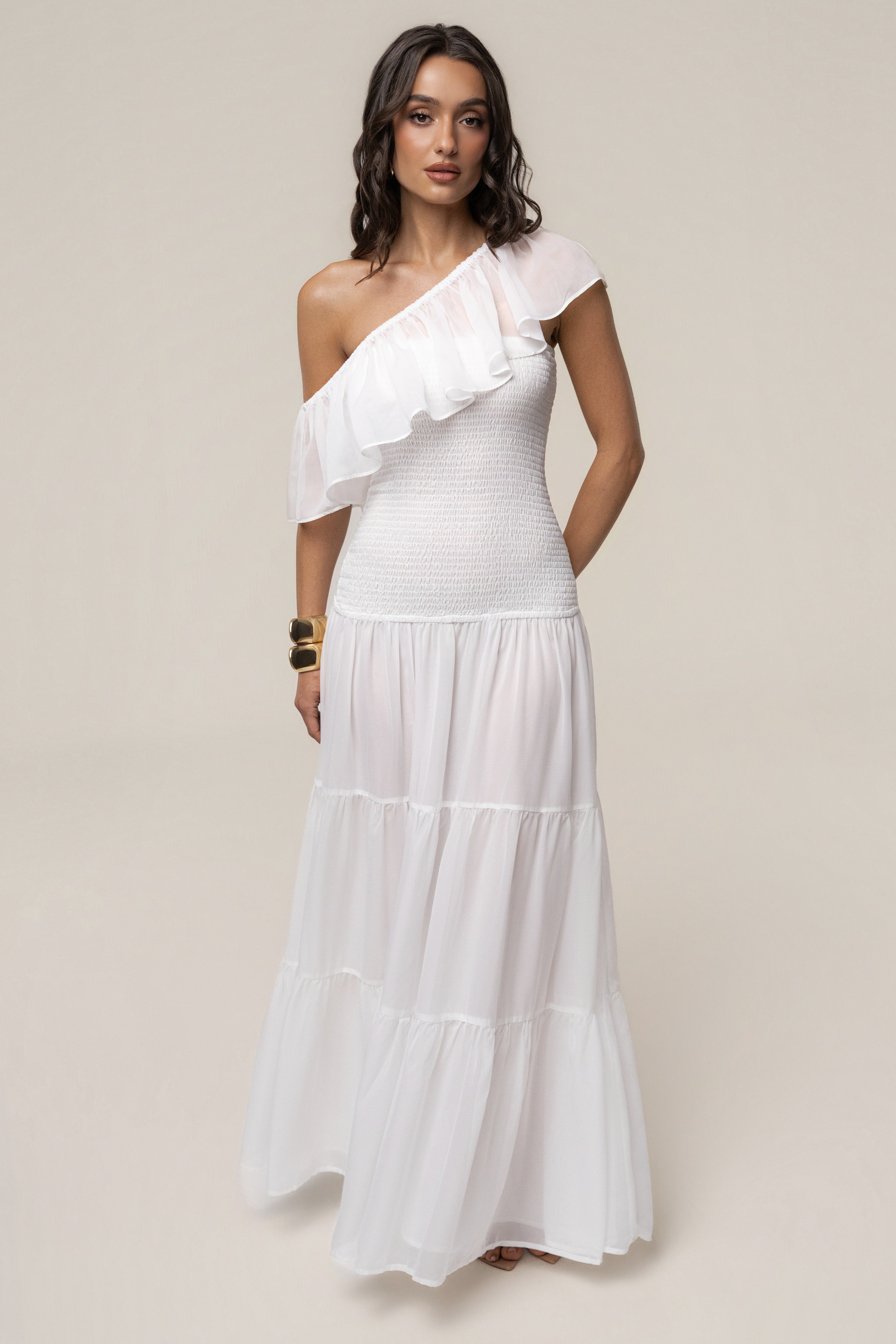 Ivory Seaside Drift maxi dress by JLUXLABEL, flowing fabric with a relaxed fit, perfect for summer beach outings.
