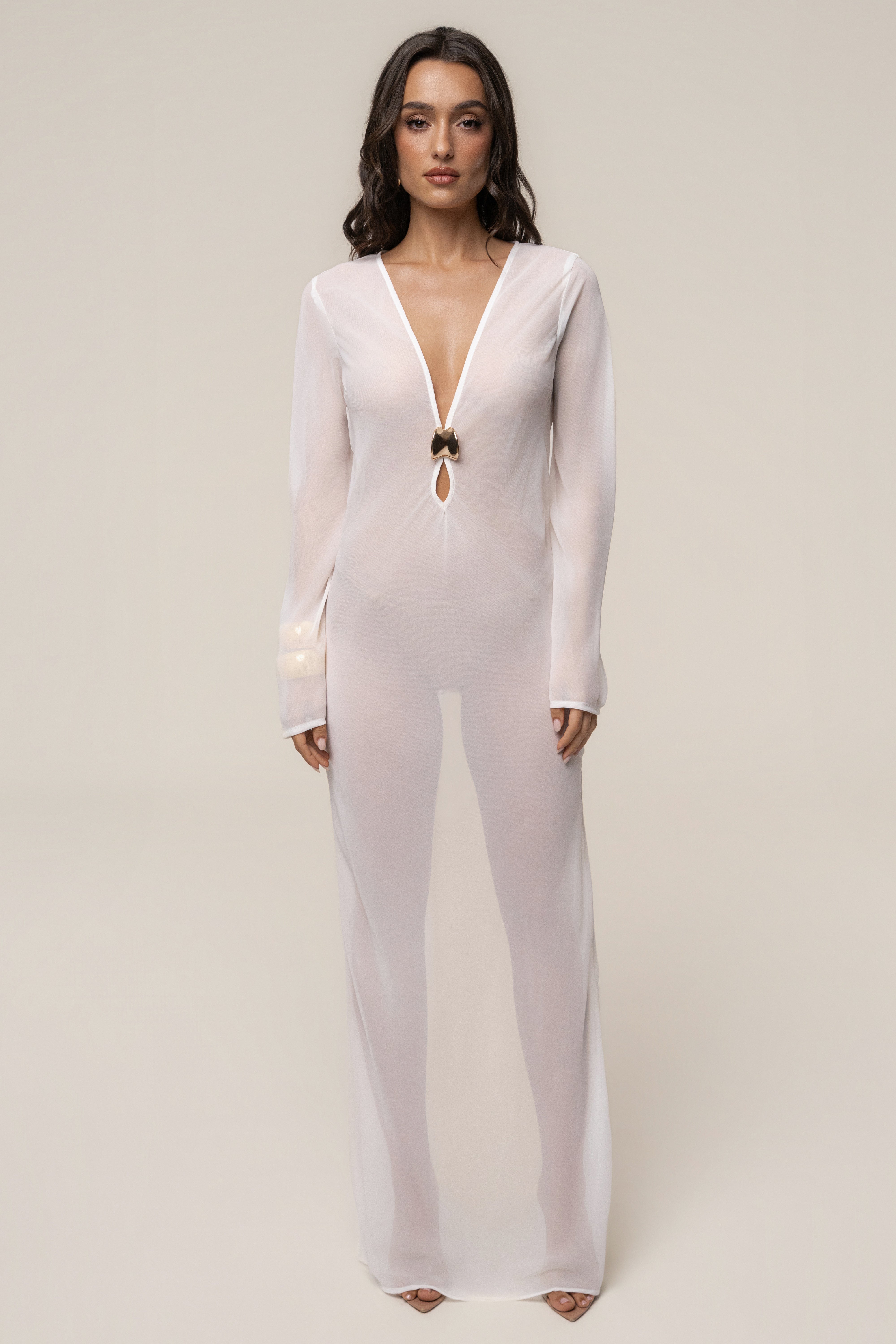 Ivory medallion cover-up maxi dress by JLUXLABEL with flowing fabric and elegant design, perfect for beach or resort wear.