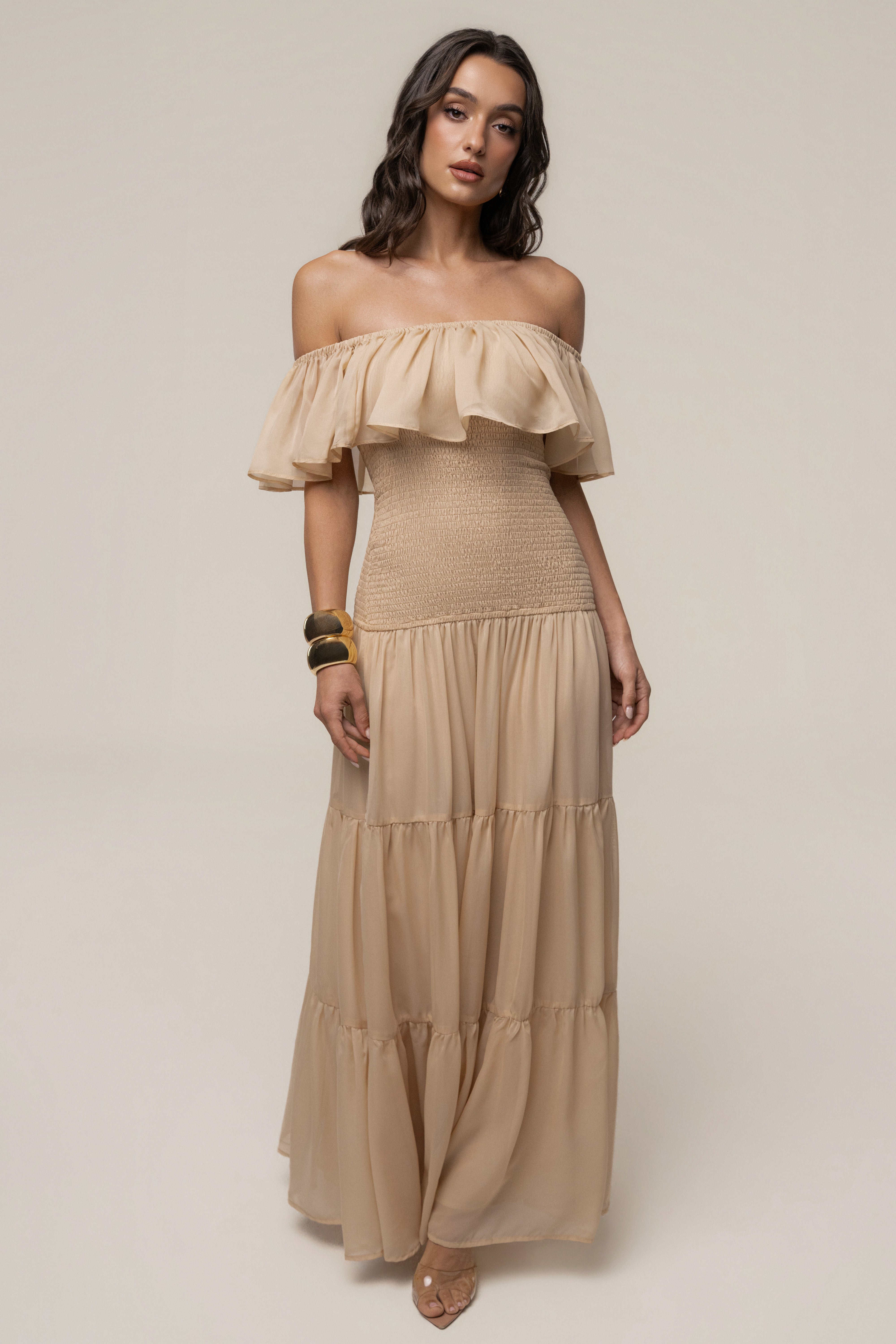 Sand Seaside Drift Maxi Dress by JLUXLABEL, flowing fabric, v-neckline, and adjustable straps perfect for summer beachwear.