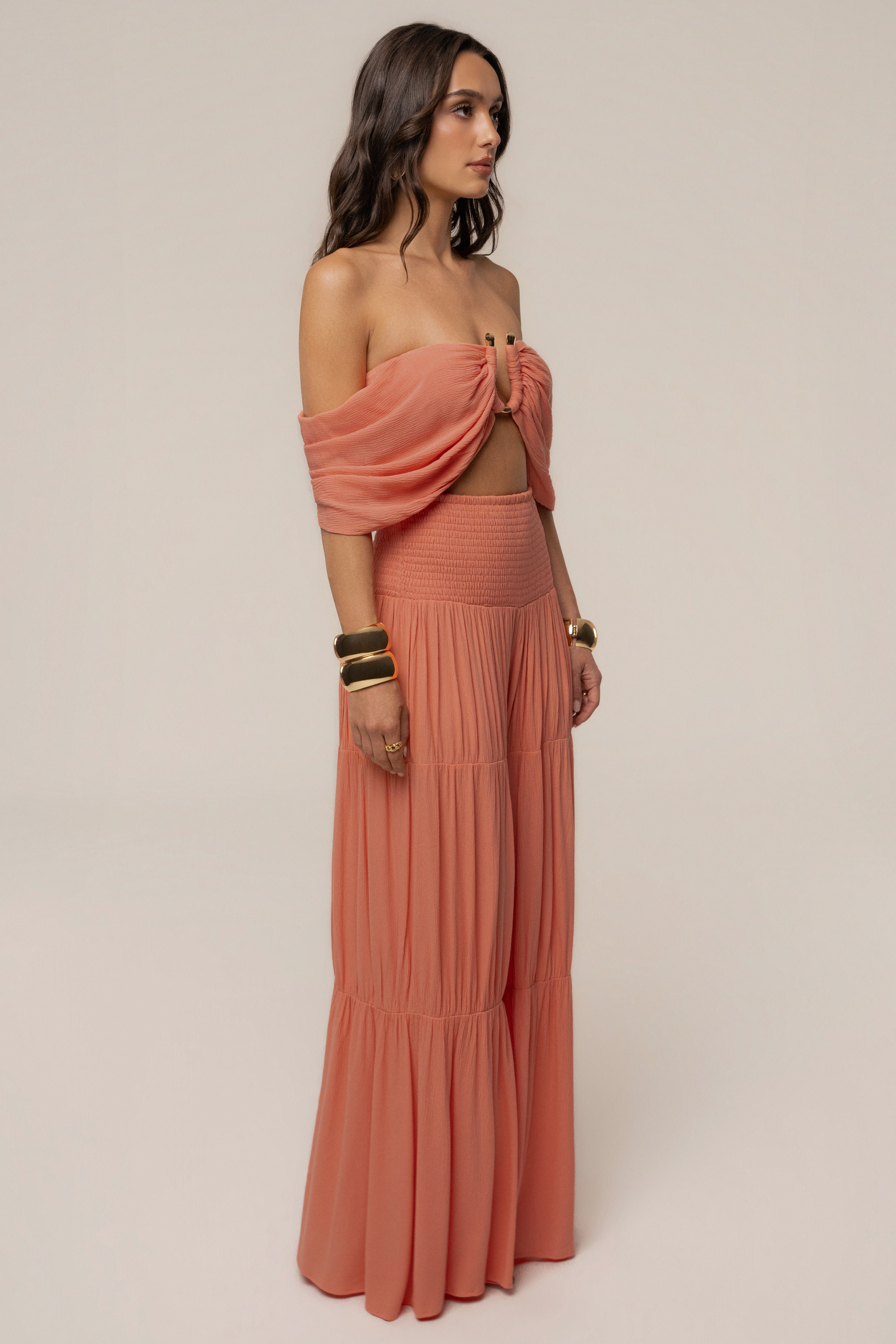 JLUXLABEL Peach Hidden Gems tier pant set featuring layered, flowy fabric and elastic waistband, perfect for casual wear.