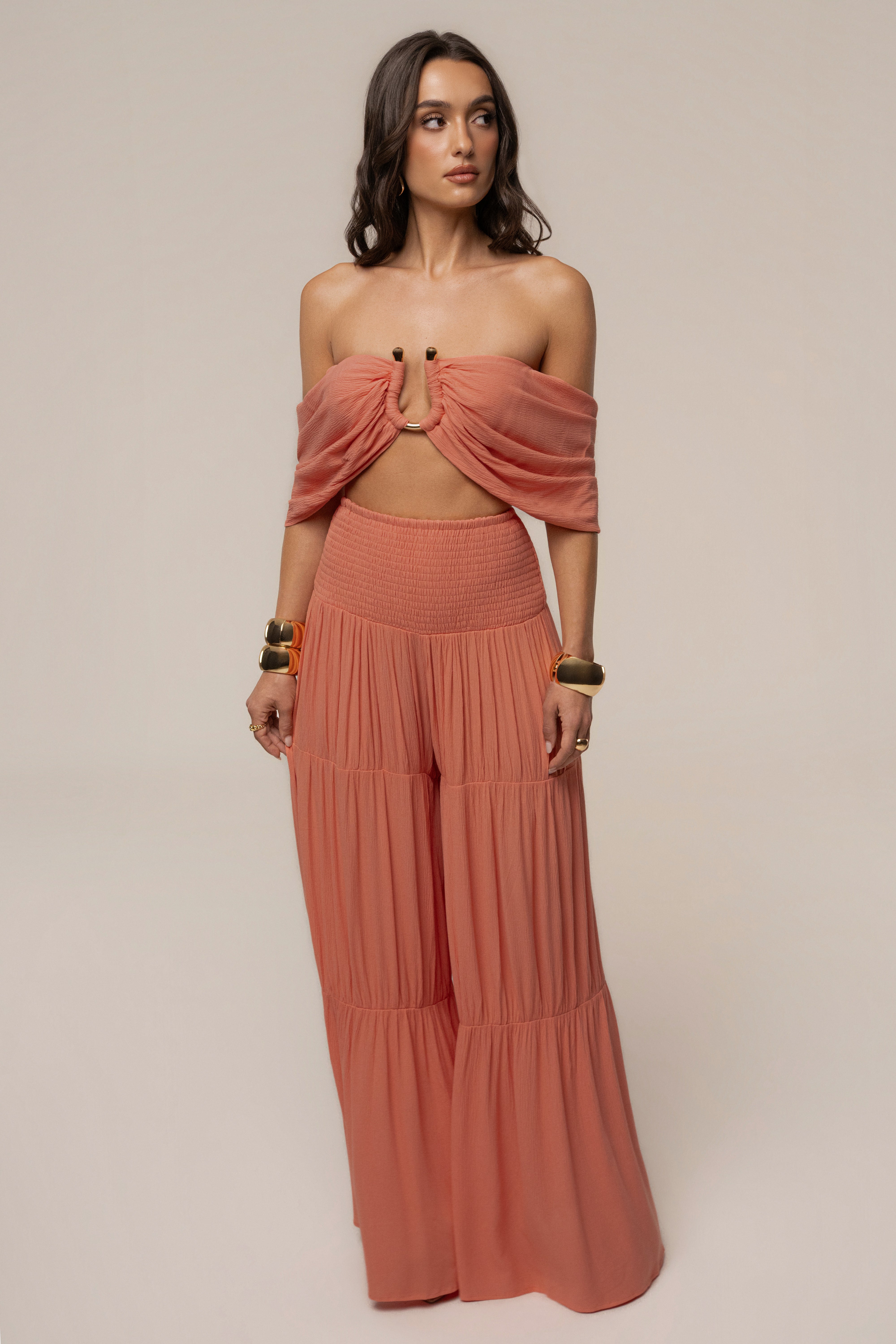 Peach Hidden Gems tier pant set by JLUXLABEL featuring layered, tiered design with comfortable fabric and stylish fit.