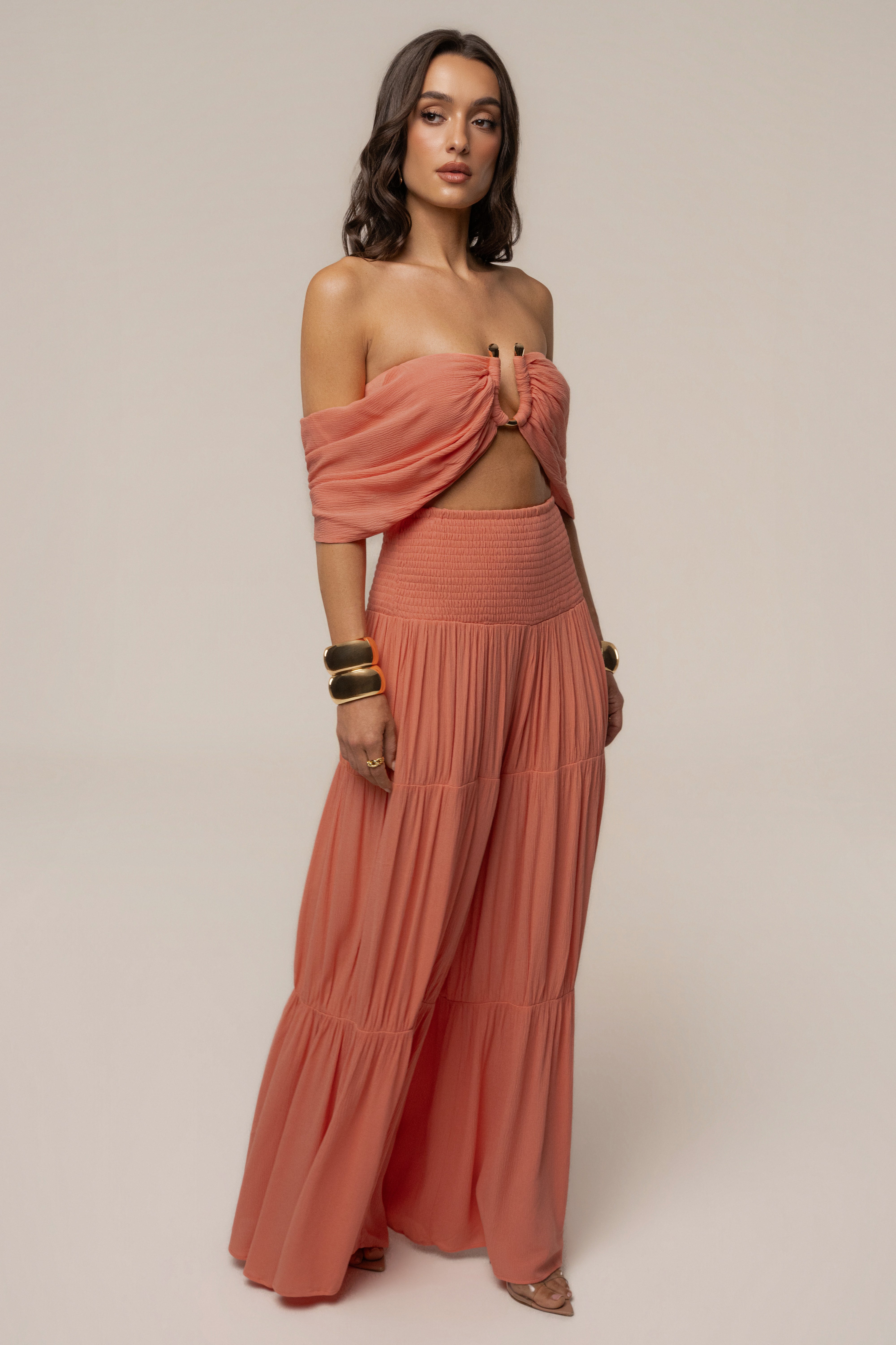 JLUXLABEL Peach Hidden Gems tier pant set featuring layered, flowy fabric with comfortable waistbands and stylish design.