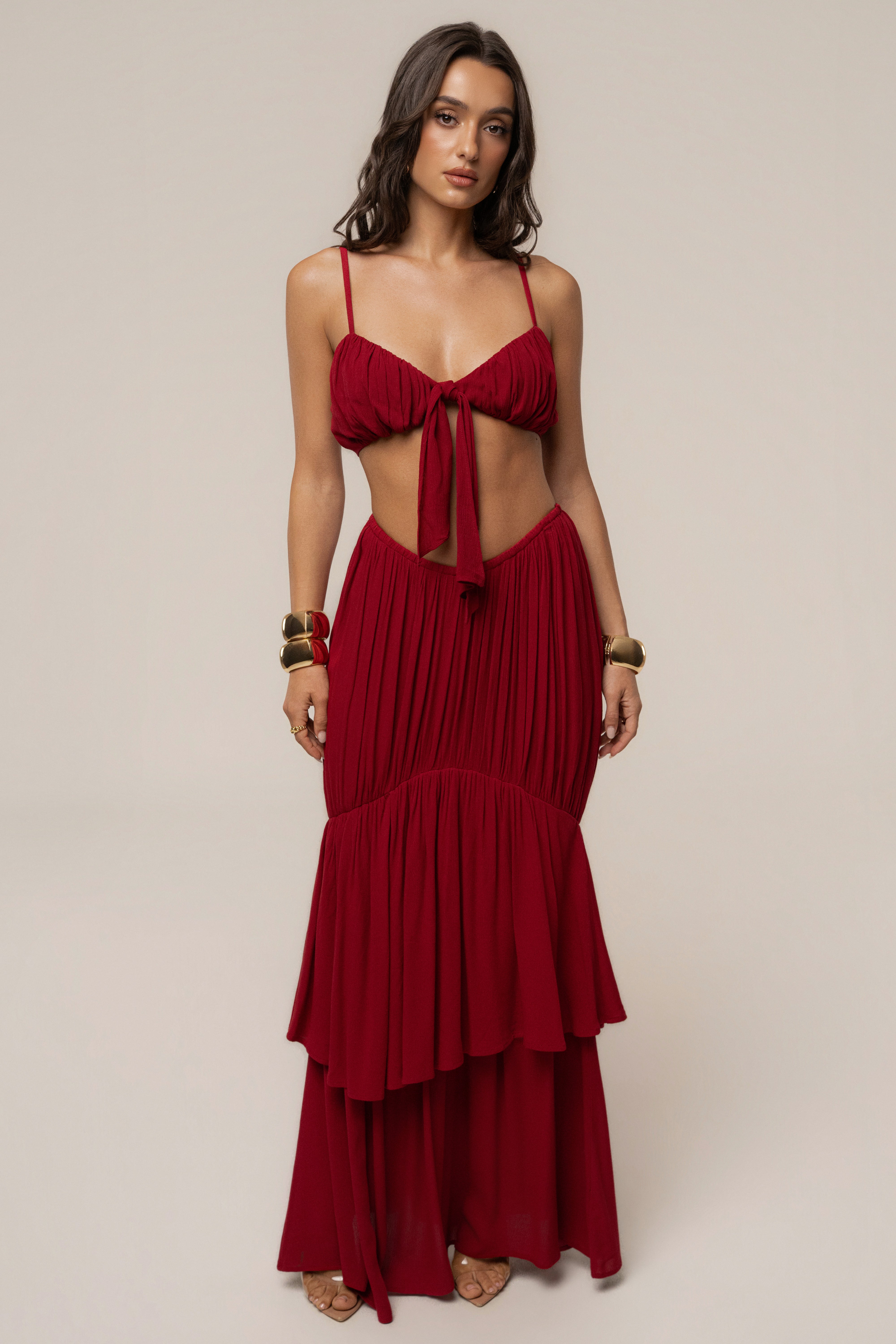 Red sail into sunset skirt set by JLUXLABEL, featuring a flowy skirt and matching top with vibrant sunset-inspired design.