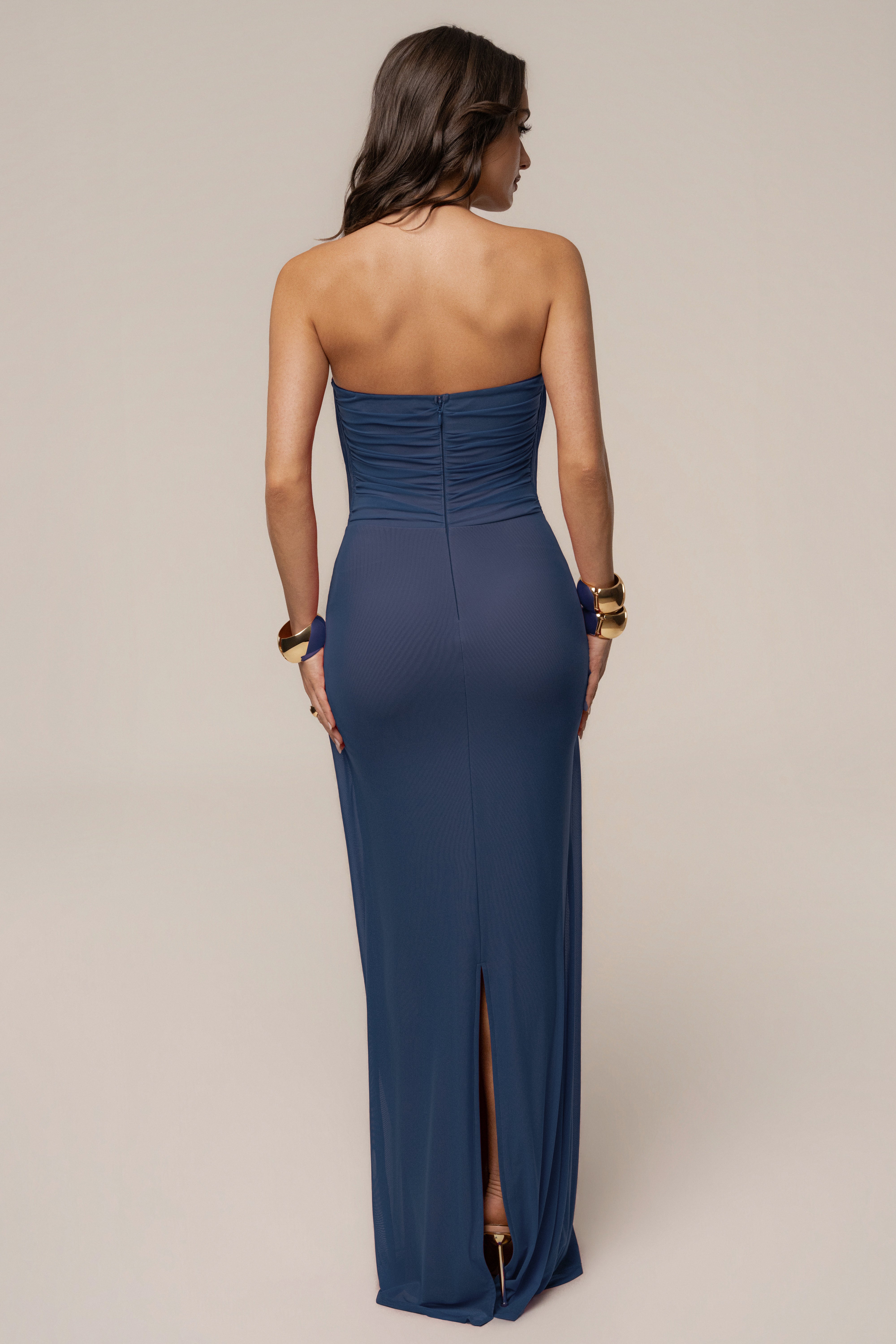 Navy Siren Sculpted Mesh Dress by JLUXLABEL featuring a fitted, sculpted design with mesh fabric and elegant silhouette.
