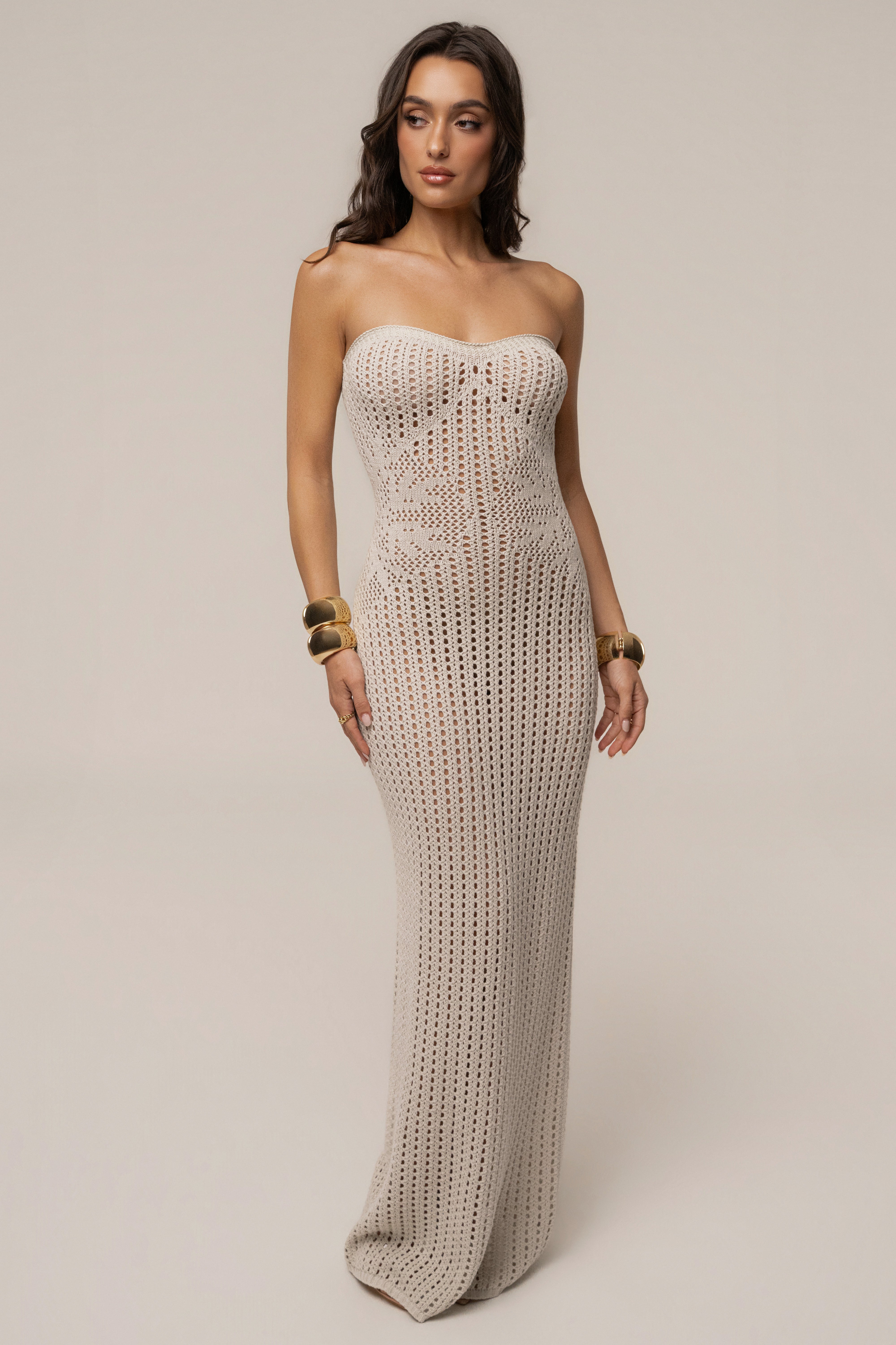 Cream Camila Crochet Maxi Dress by JLUXLABEL with intricate crochet details and flowing design, perfect for elegant summer occasions.