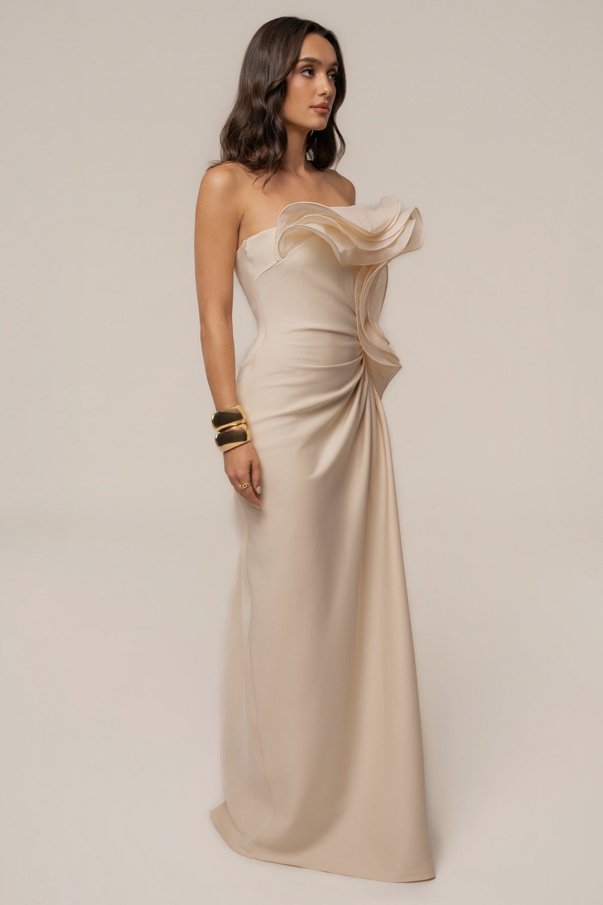 Ivory JLUXLABEL Main Event Maxi Dress with flowing fabric and elegant design, perfect for formal occasions.