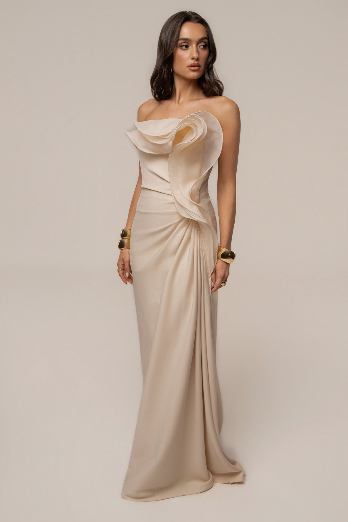 Ivory Main Event Maxi Dress by JLUXLABEL, flowing sleeveless dress with a fitted bodice and elegant length, perfect for formal occasions.