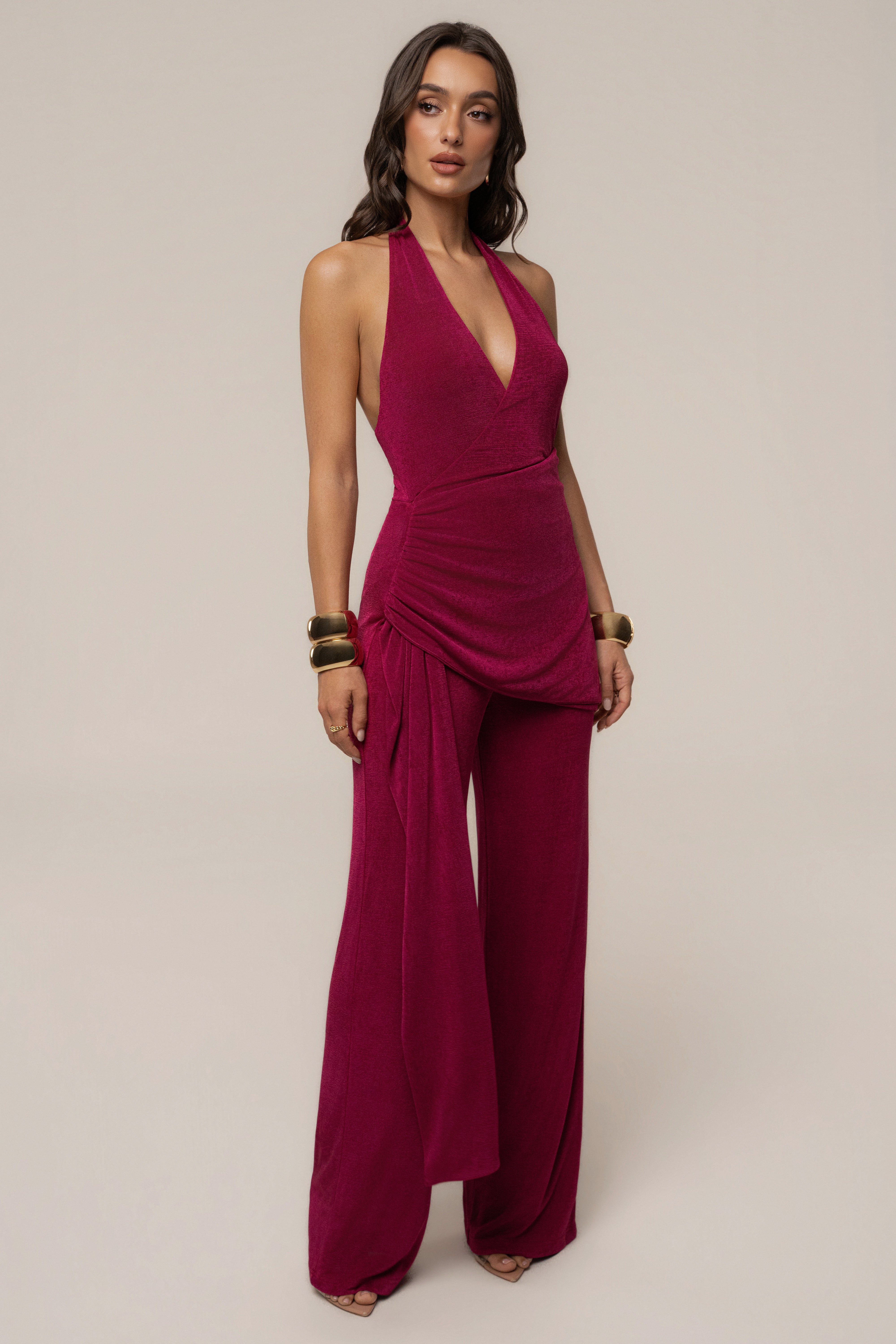Fuchsia rustic charm halter jumpsuit by JLUXLABEL, featuring a stylish halter neckline and relaxed fit for casual wear.