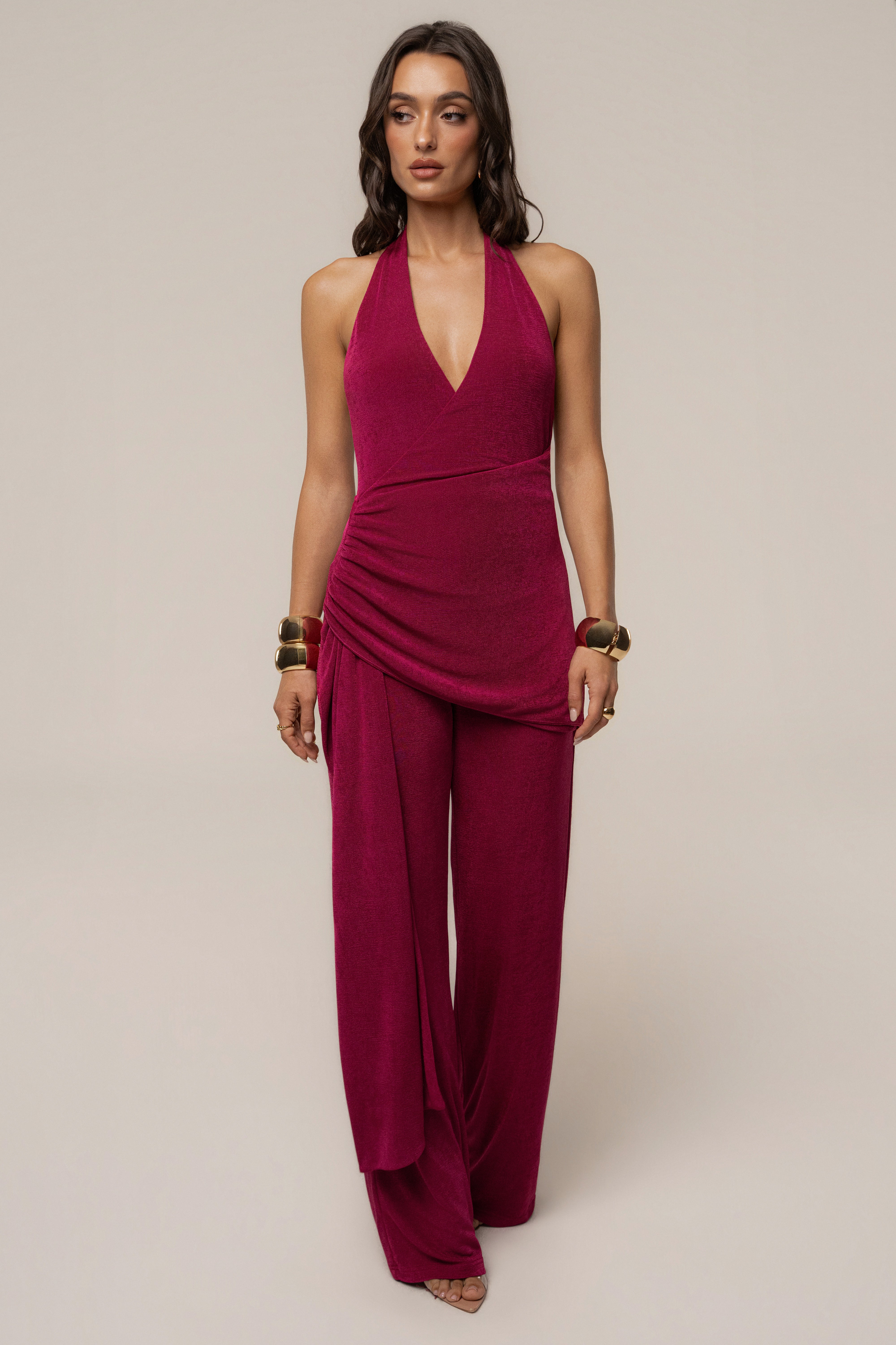 Fuchsia rustic charm halter jumpsuit by JLUXLABEL featuring a stylish design and comfortable fit, shown on a model.
