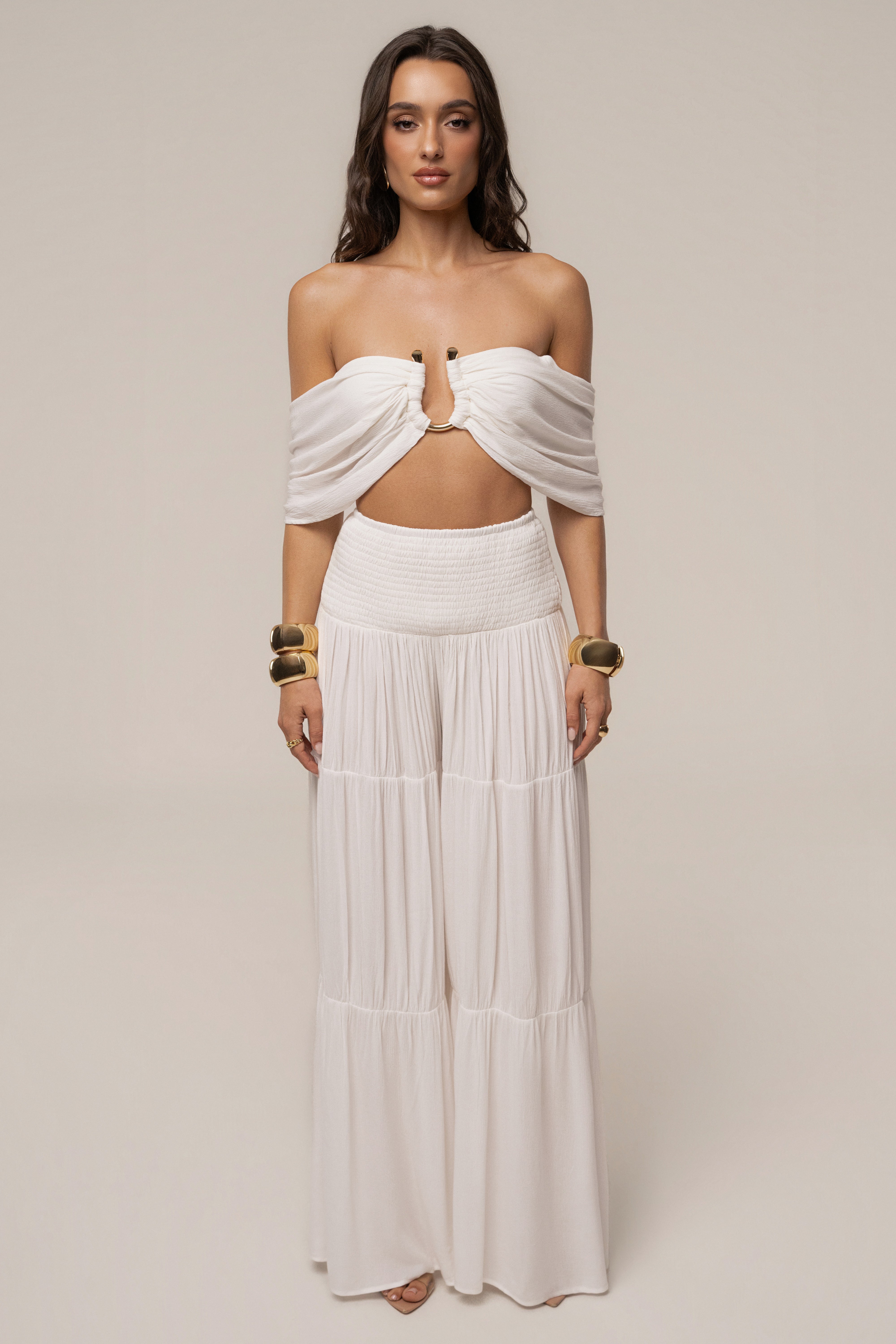 Ivory Hidden Gems tier pant set by JLUXLABEL featuring layered, flowy fabric and relaxed fit, perfect for stylish, comfortable wear.