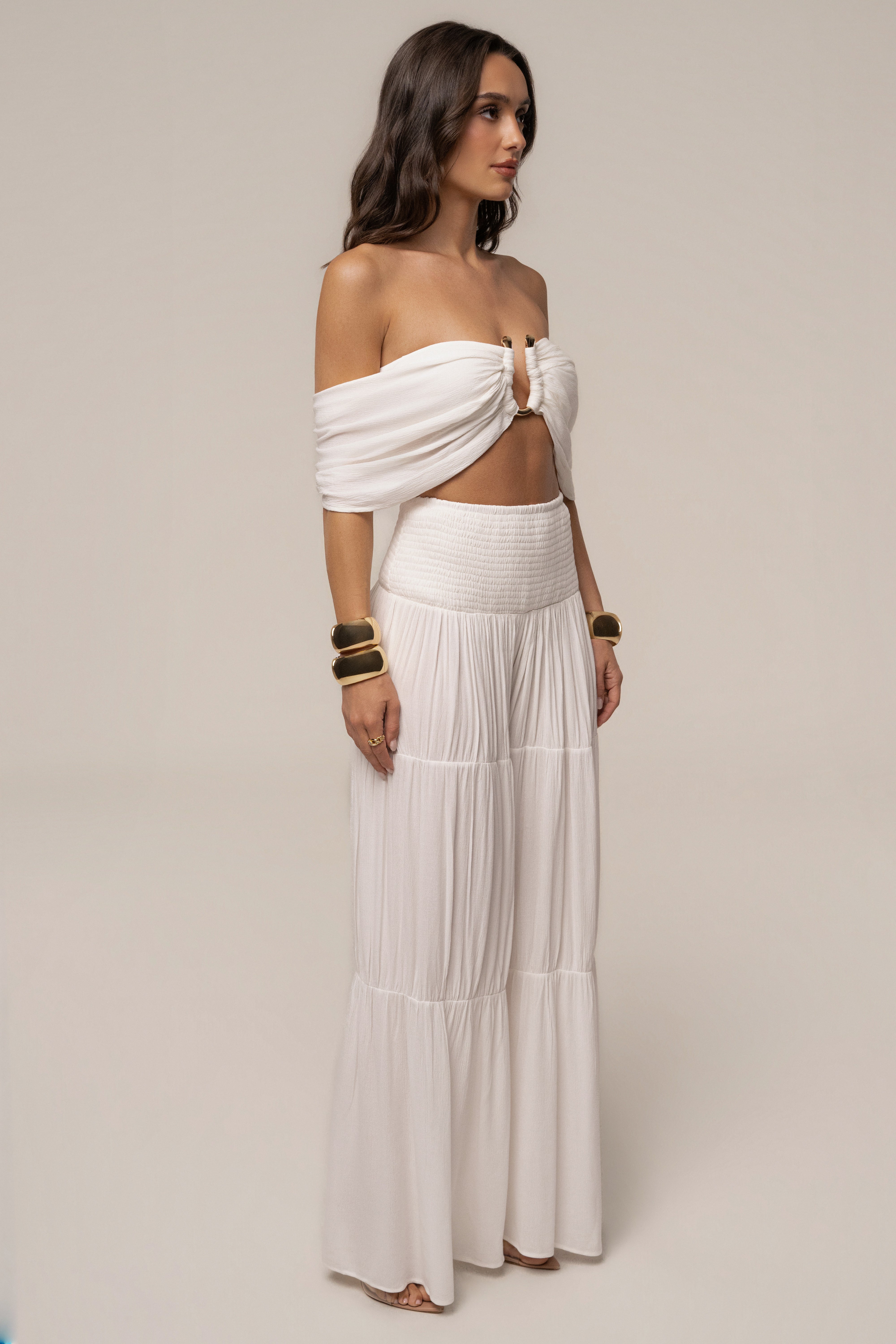 Ivory Hidden Gems tier pant set by JLUXLABEL featuring layered, flowy fabric and stylish design, perfect for casual or dressy occasions.