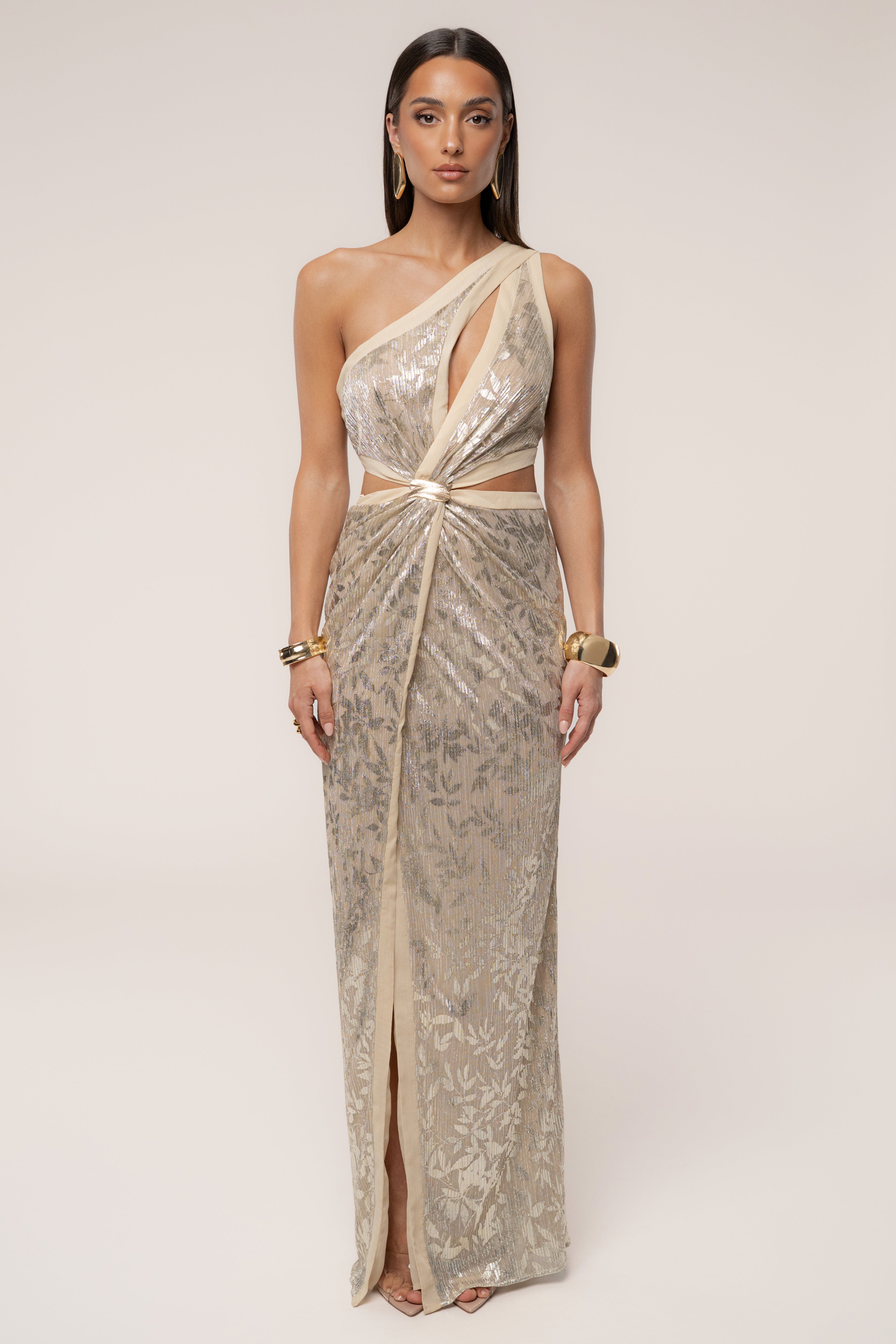 Gold One Shoulder Keyhole Dress - JLUXLABEL