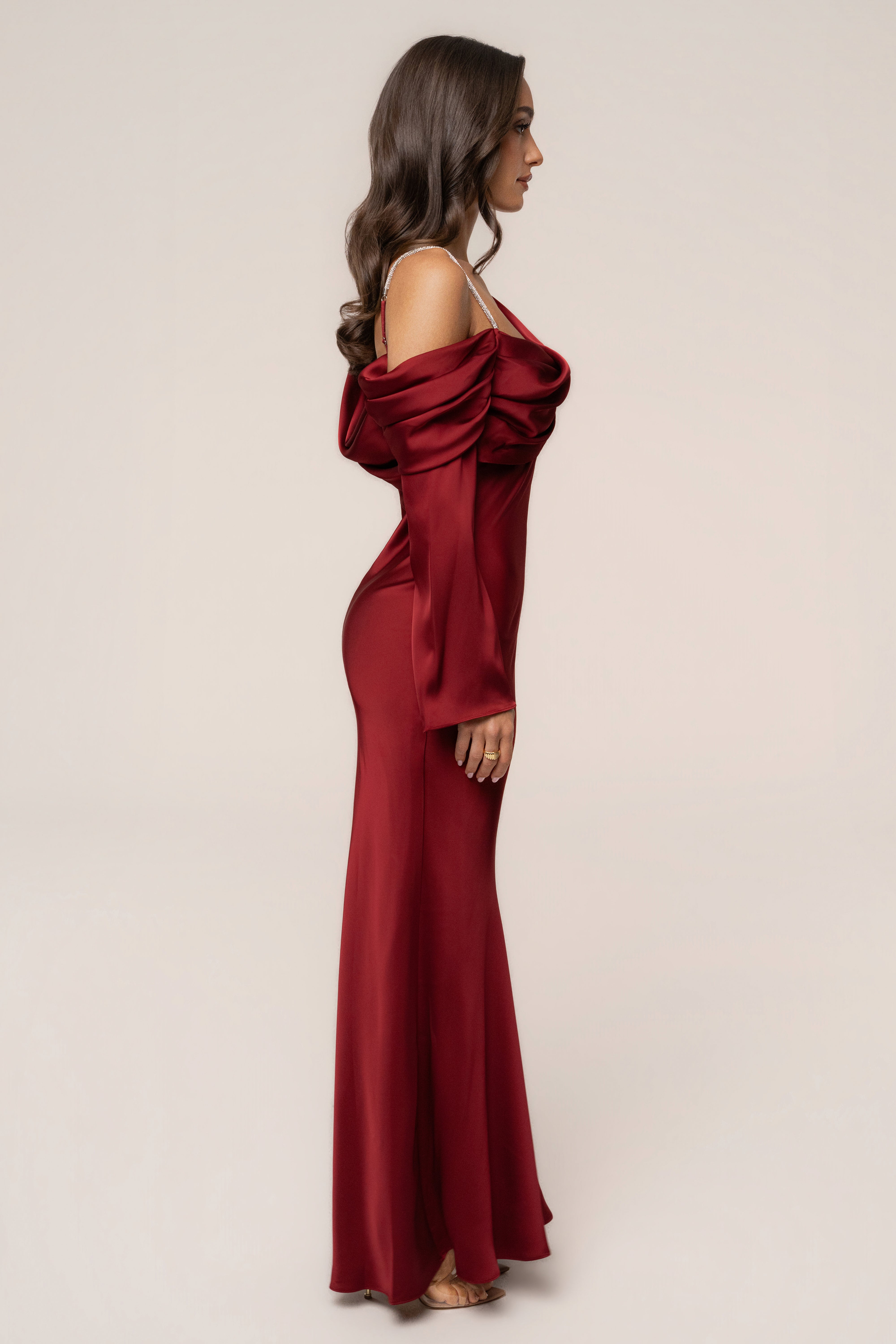 Red satin dress by JLUXLABEL, featuring a stylish One And Only design, shown on a model with elegant draping and a fitted silhouette.