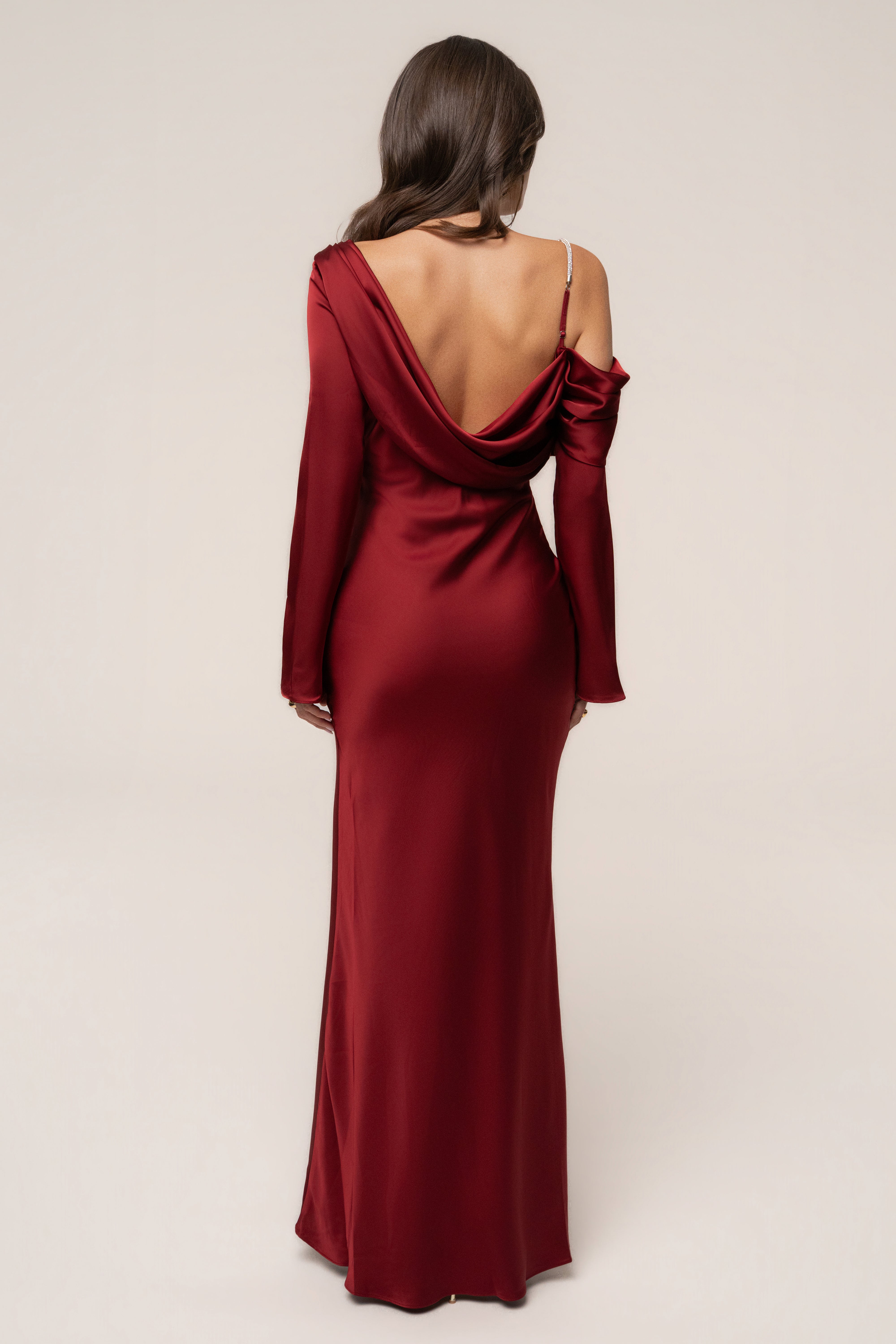 Red JLUXLABEL satin dress with elegant fit and smooth fabric, showcasing a stylish and sophisticated women's dress.