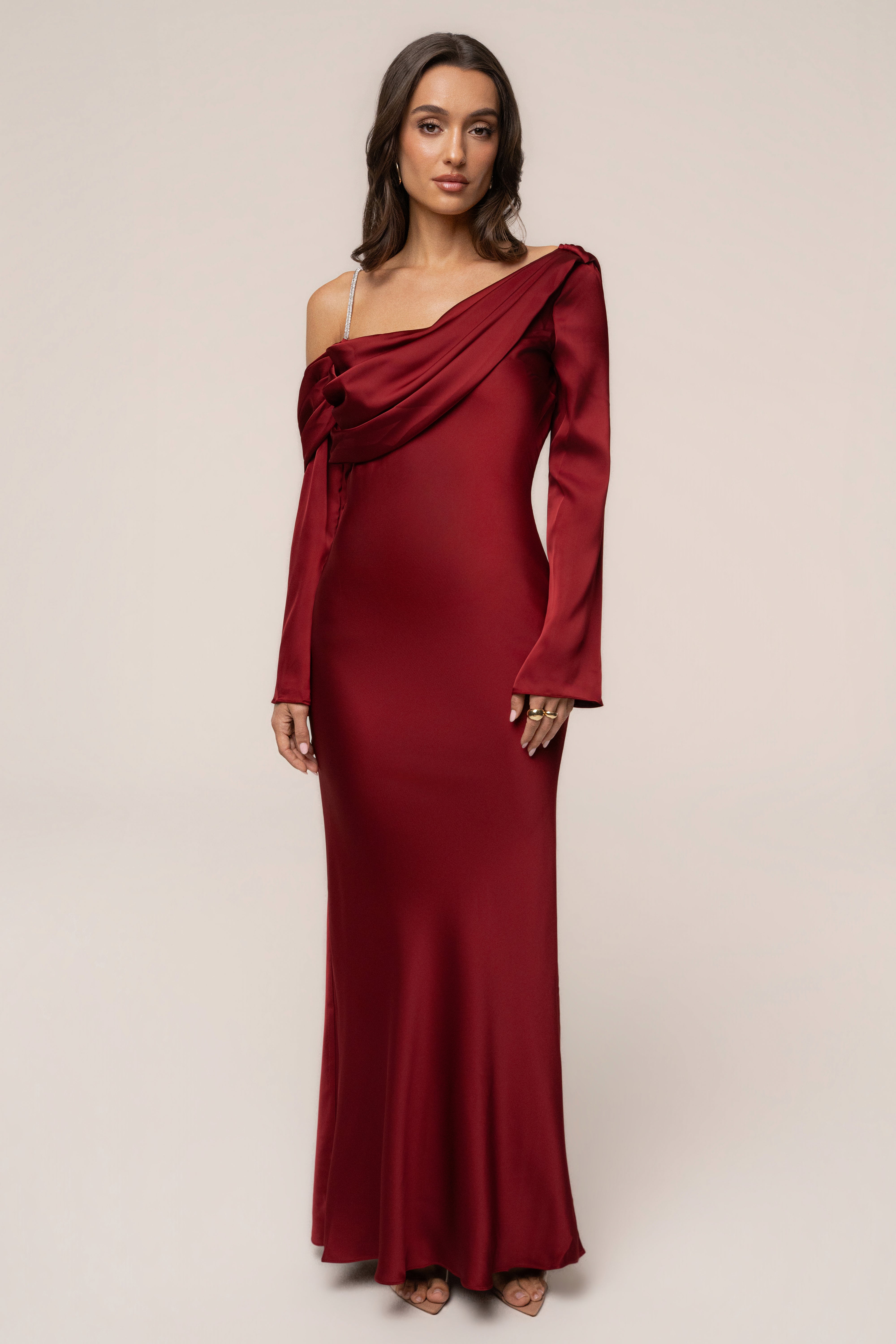 Red satin dress by JLUXLABEL, featuring a sleek and elegant design perfect for formal occasions.