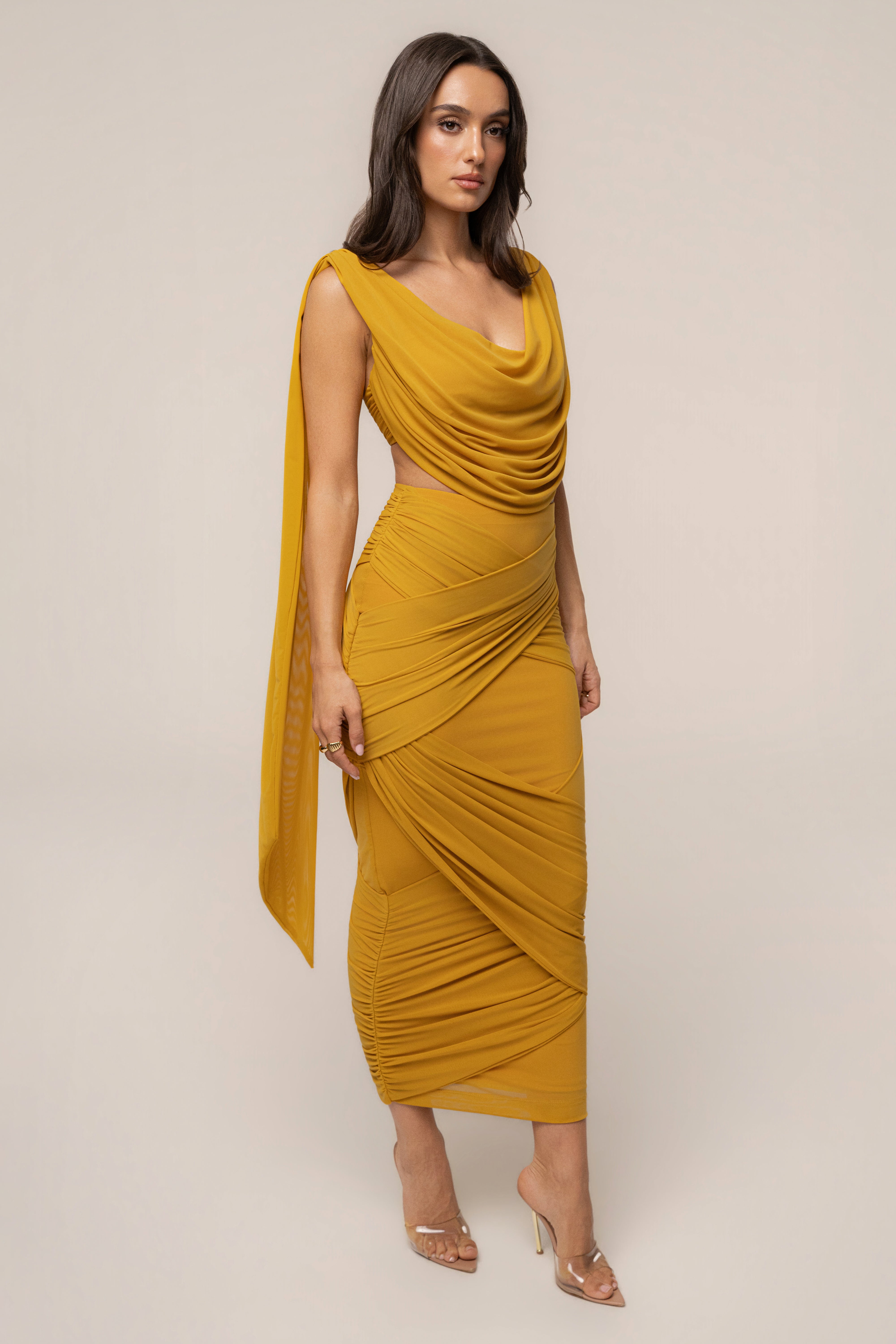 Yellow Divine Drape Mesh Skirt Set by JLUXLABEL featuring a flowy mesh skirt and matching top, perfect for stylish summer looks.