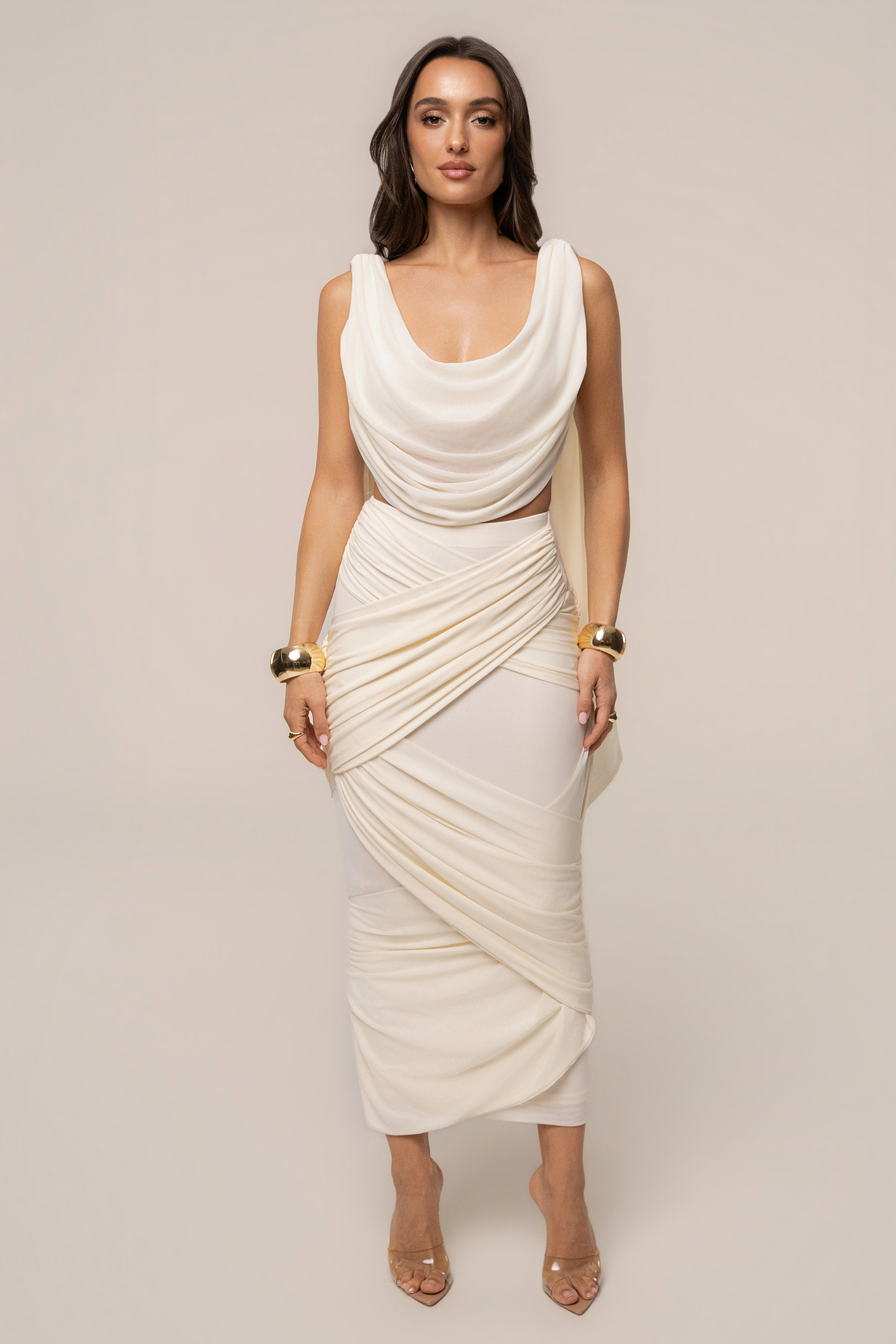 Ivory Divine Drape Mesh Skirt Set by JLUXLABEL featuring a flowing mesh skirt and matching top on a model.