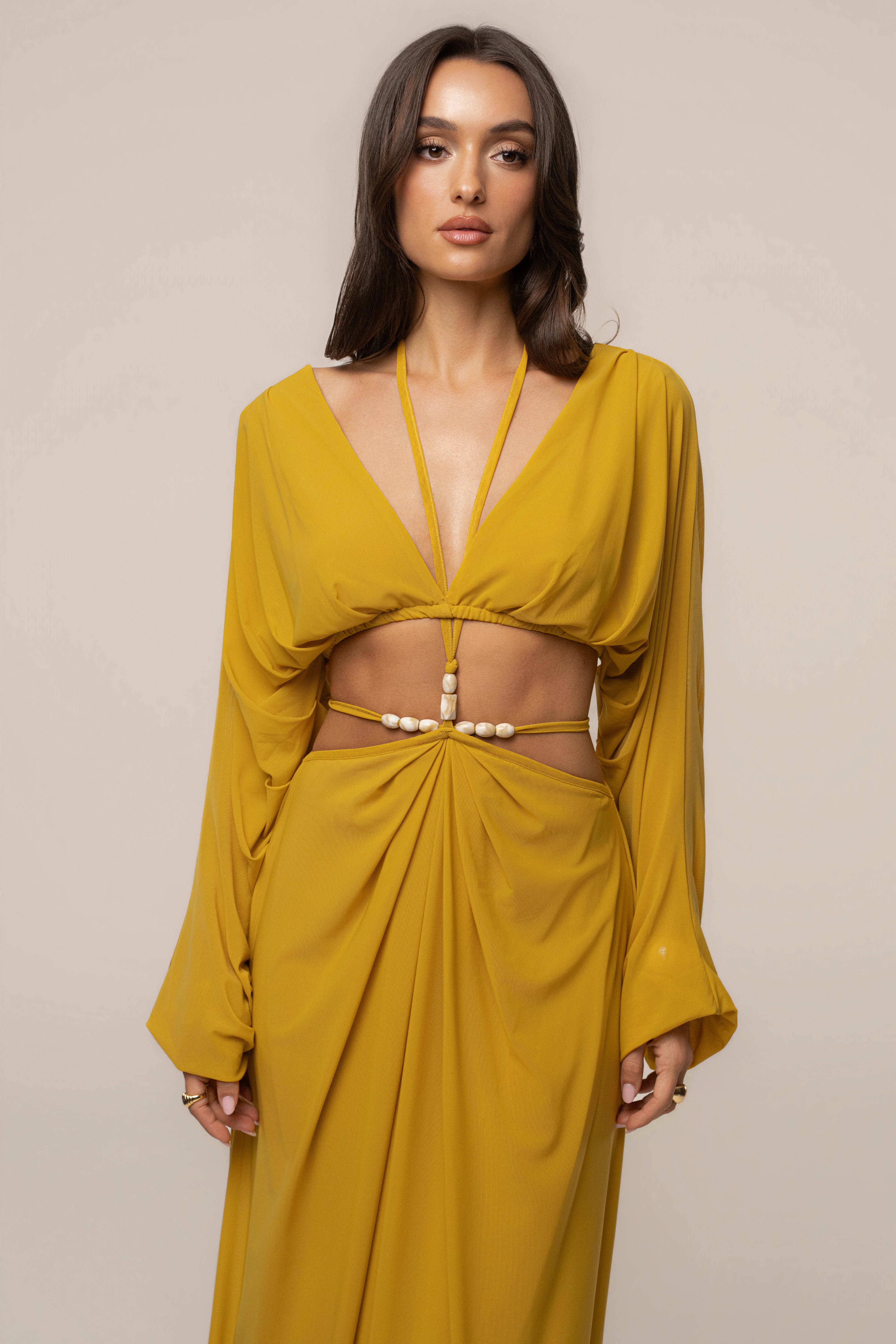 Mustard Selene draped top by JLUXLABEL featuring a stylish, flowy design and soft fabric, perfect for casual or dressy occasions.
