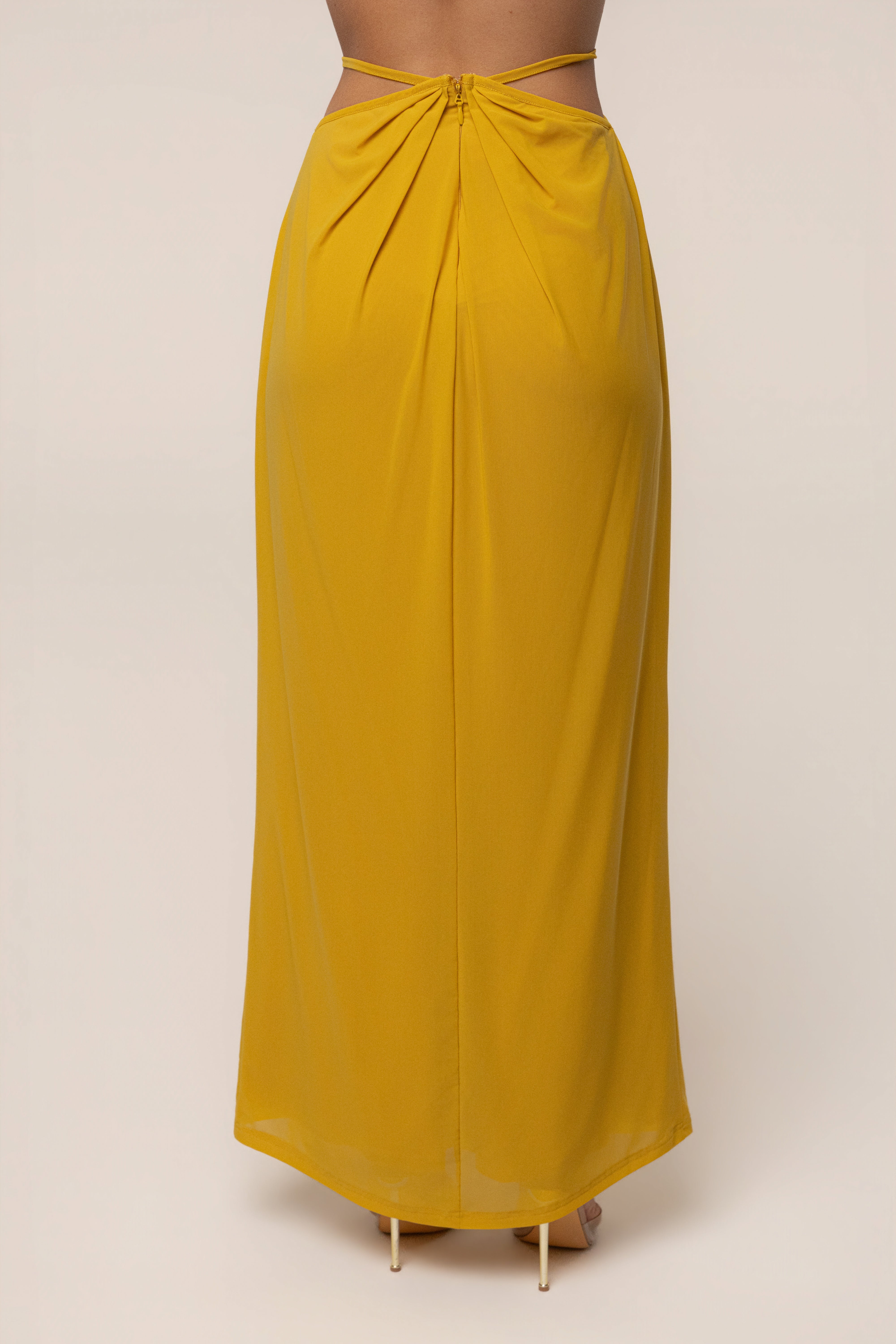 Mustard Hera Draped Maxi Skirt by JLUXLABEL, flowing draped design, lightweight fabric, full length, stylish bottoms for women.