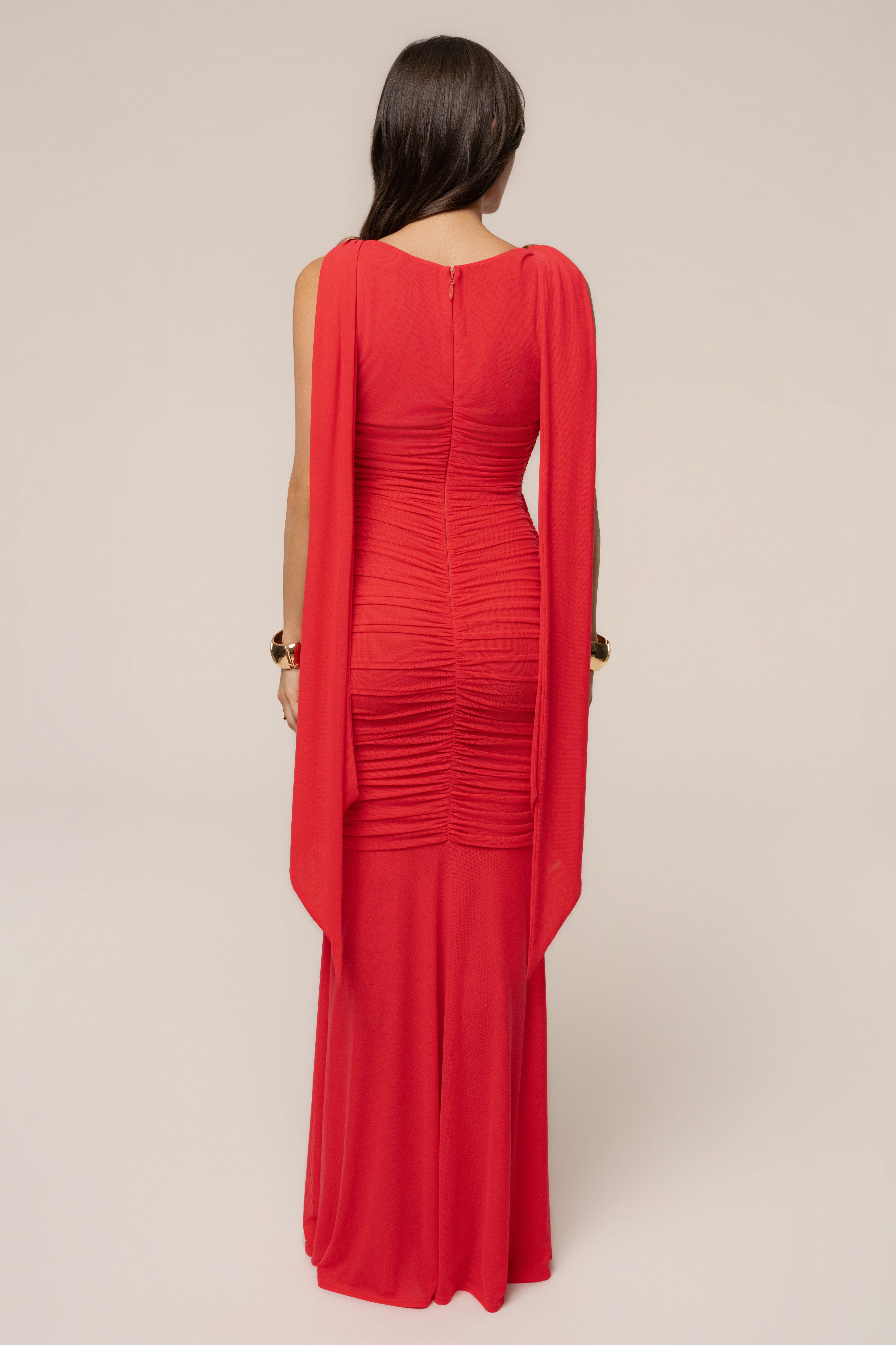 Hot coral Anastassia Gold Accent dress by JLUXLABEL, featuring a stylish design with gold accents, perfect for elegant occasions.