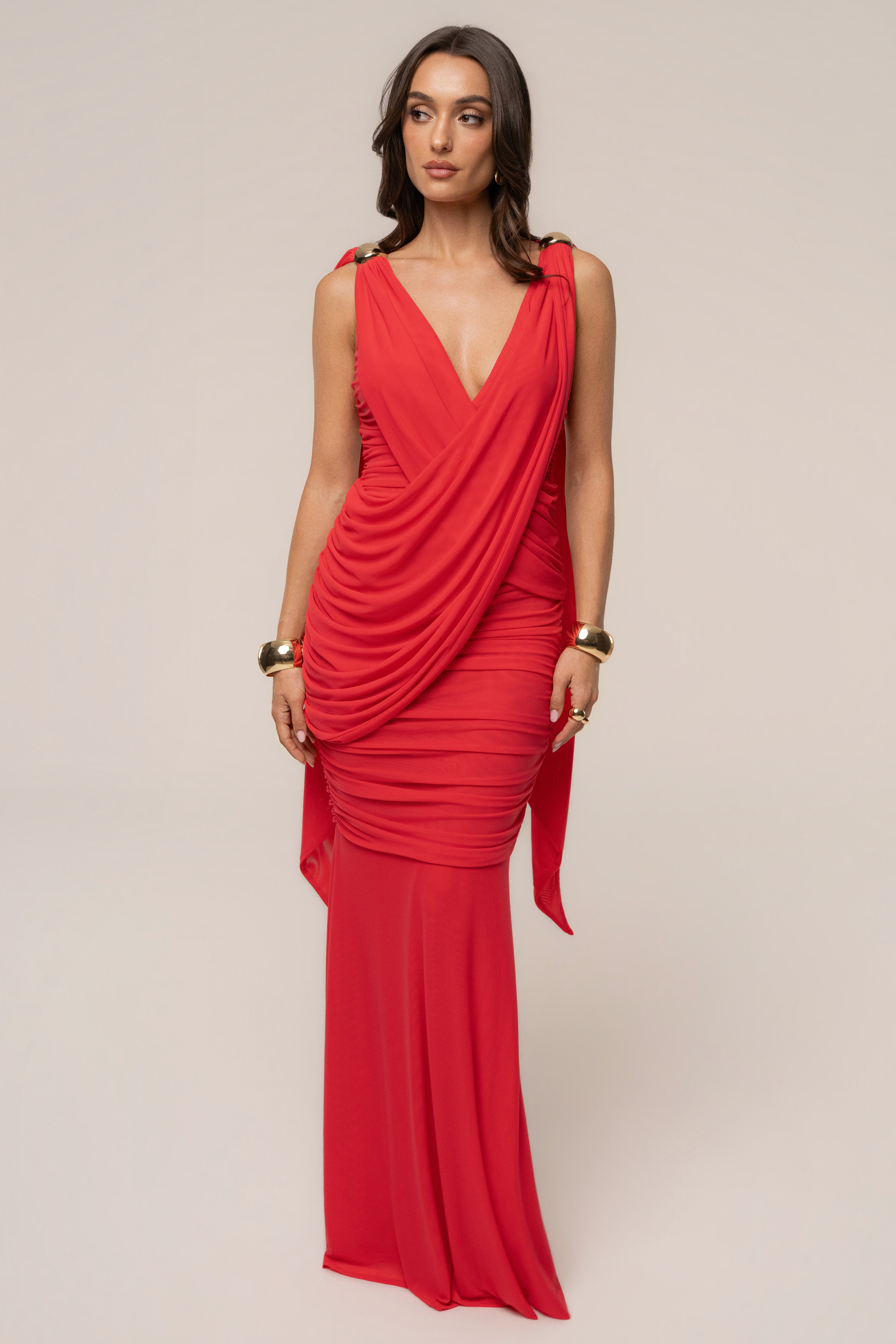 Hot coral Anastassia gold accent dress by JLUXLABEL, showcasing a stylish dress with elegant gold details and a flattering fit.